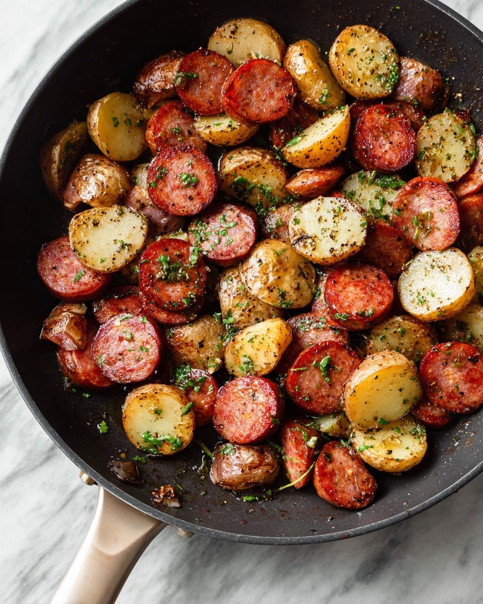 A black pan filled with cooked round slices of reddish sausage and golden-brown baby potatoes cut in halves, all mixed together and sprinkled with small green herb pieces. The sausage slices have a slightly crispy, browned texture on the edges, while the potatoes show a mix of smooth and crispy skin with some black seasoning spots. The pan handle is light colored, resting on a white marbled surface. Herbs add a fresh green contrast among the warm brown and red tones of the food photo taken with an iphone --ar 4:5 --v 7