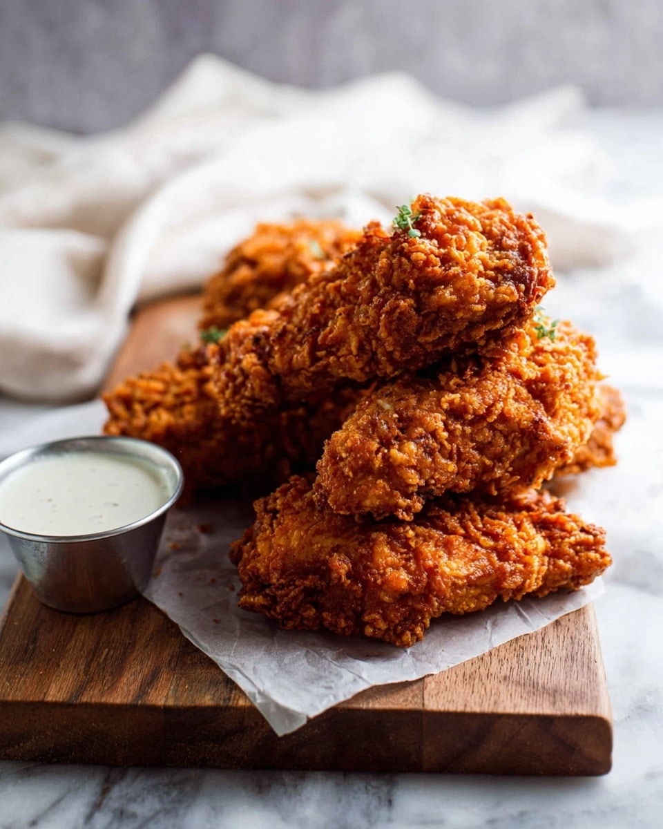 The image shows five pieces of crispy fried chicken with a golden-brown, crunchy texture stacked on a white marbled surface, arranged on a wooden board with a sheet of white parchment paper underneath. To the left of the chicken, there is a small metal cup filled with creamy white sauce. In the background, soft white cloth adds a gentle touch to the scene. The chicken pieces have a rough and crunchy coating with warm brown and orange tones. photo taken with an iphone --ar 4:5 --v 7