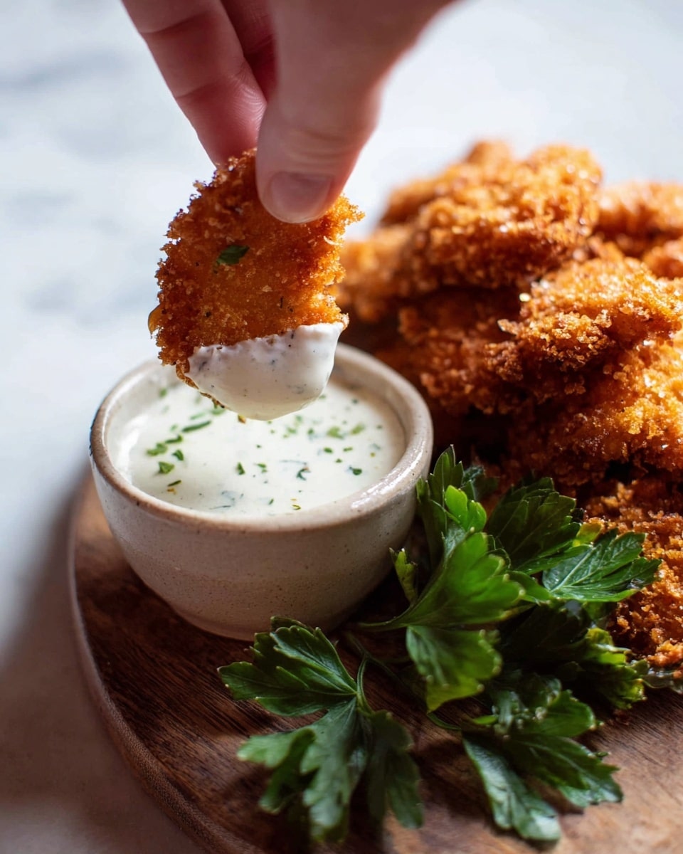 A close-up image shows a woman's hand holding a golden brown, crispy fried finger dipped into a small cup of thick white sauce with visible specks of herbs, positioned in the middle of the frame. Below, a pile of more crispy fried pieces with a rough texture sits on a wooden board, alongside fresh green parsley leaves arranged neatly to the right. The entire scene is set on a white marbled surface with soft natural lighting highlighting the crunchy texture and creamy dipping sauce. Photo taken with an iphone --ar 4:5 --v 7