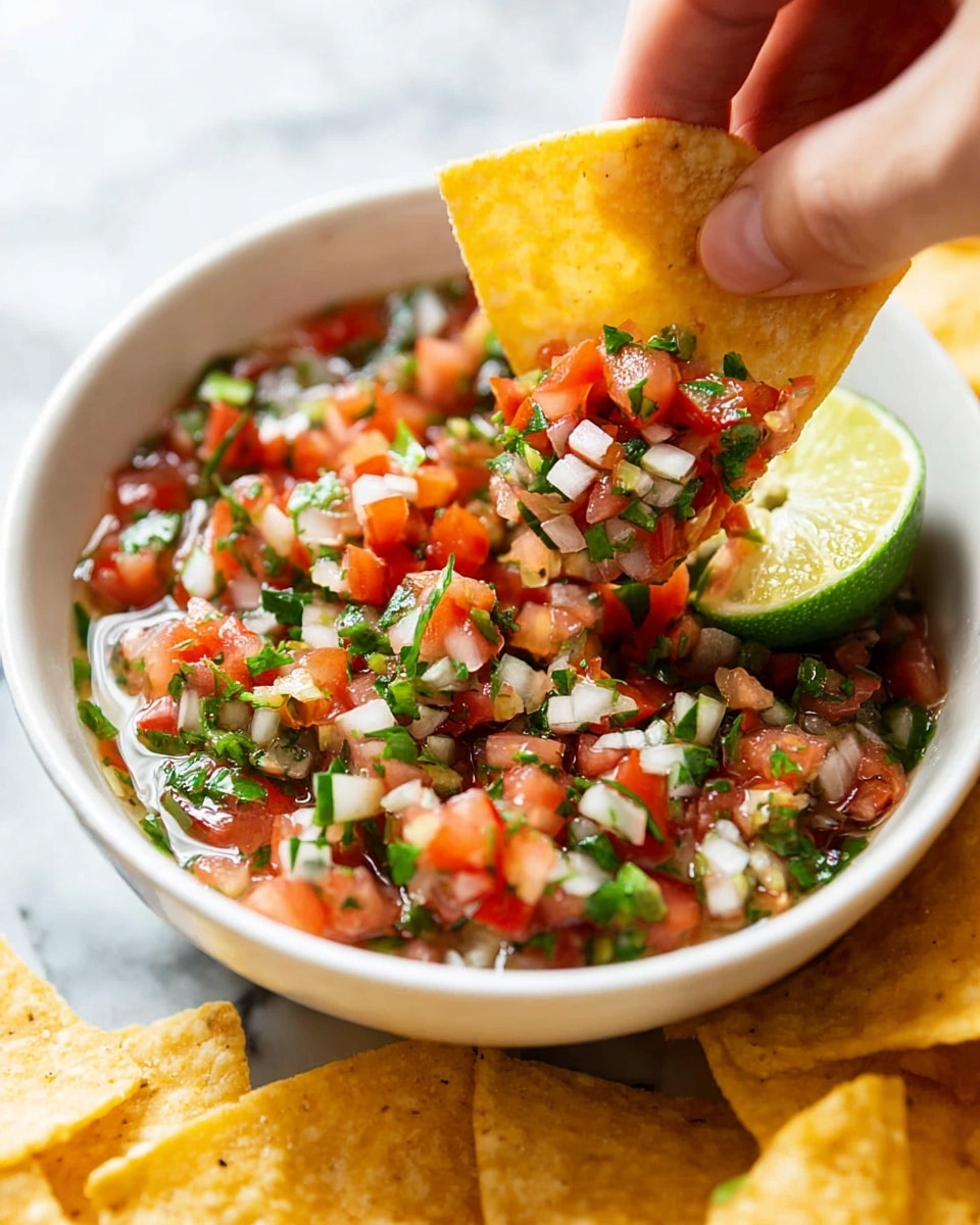 A white bowl filled with fresh salsa made of small chopped red tomatoes, white onions, and green cilantro pieces mixed with bits of green jalapeño peppers, all sitting in a light sauce at the bottom. A wedge of lime rests inside the bowl on the right side. A woman's hand holds a triangular yellow tortilla chip above the bowl, scooping up the colorful salsa. Around the bowl, more yellow tortilla chips lie on a white marbled surface. Photo taken with an iphone --ar 4:5 --v 7