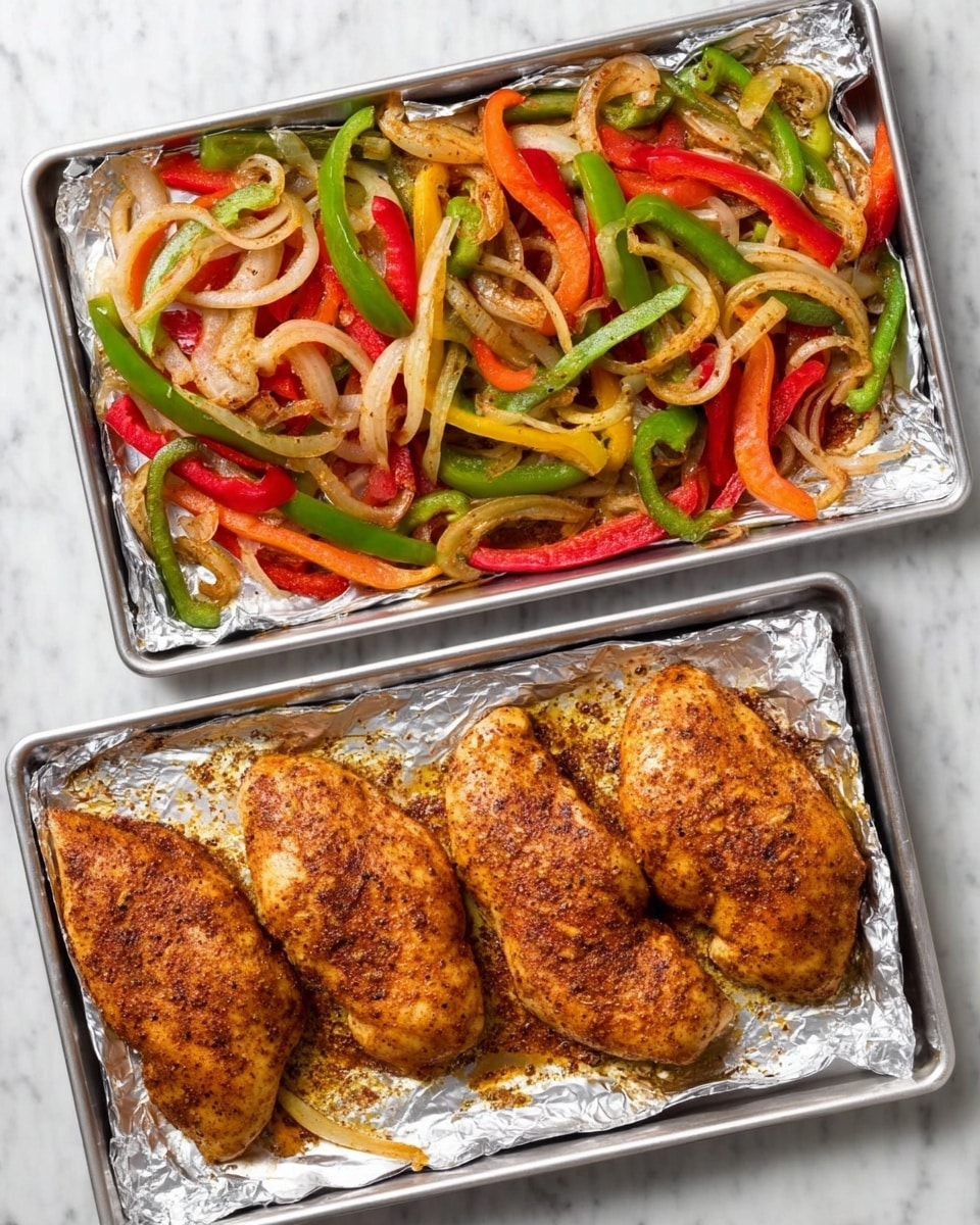 A white baking tray lined with silver foil holds four pieces of seasoned cooked chicken, which are a golden brown color with a slightly crispy texture. Above the chicken, there is a colorful mix of cooked sliced bell peppers in red, green, and orange shades, along with translucent cooked onion rings, all slightly charred and spread evenly across the tray. The tray is placed on a white marbled surface. photo taken with an iphone --ar 4:5 --v 7