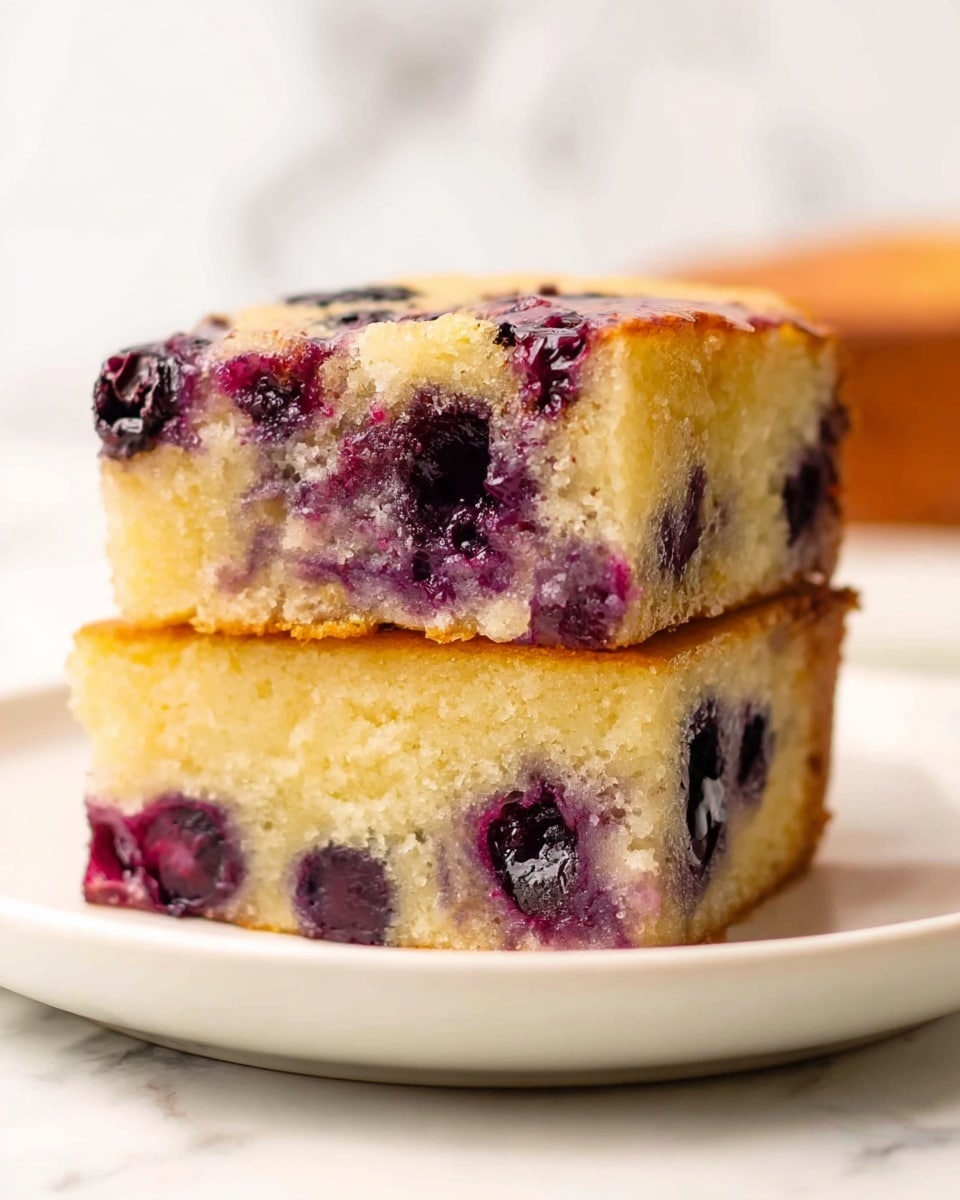The image shows two square pieces of blueberry cake stacked on a white plate. The bottom layer is a thick, soft, light yellow cake with visible blueberries baked inside, making purple spots and some juice marks throughout. The top layer is a similar cake piece with more blueberries, with a slightly golden brown crust on the side. The cake texture looks moist and fluffy, with blueberries breaking the smooth surface in dark purple. The background is a white marbled surface, and the photo is taken close up showing details of the cake layers and berries. photo taken with an iphone --ar 4:5 --v 7