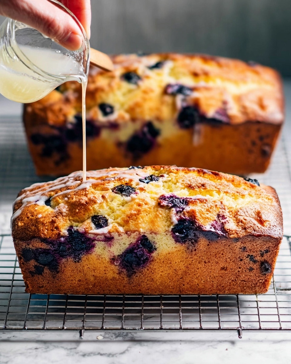 The image shows a loaf-shaped blueberry cake with a golden brown crust and darker areas where blueberries have burst, making deep purple spots on the top and sides. The top surface is uneven with cracks showing its soft yellow interior. A woman's hand is pushing a wooden skewer into the cake to check it's cooked, and in the other frame, a clear small pitcher is pouring a light glaze over the top, adding a slight shine to the crumb. The cake rests on a cooling rack over a white marbled surface, with soft natural light highlighting its textures and colors. photo taken with an iphone --ar 4:5 --v 7