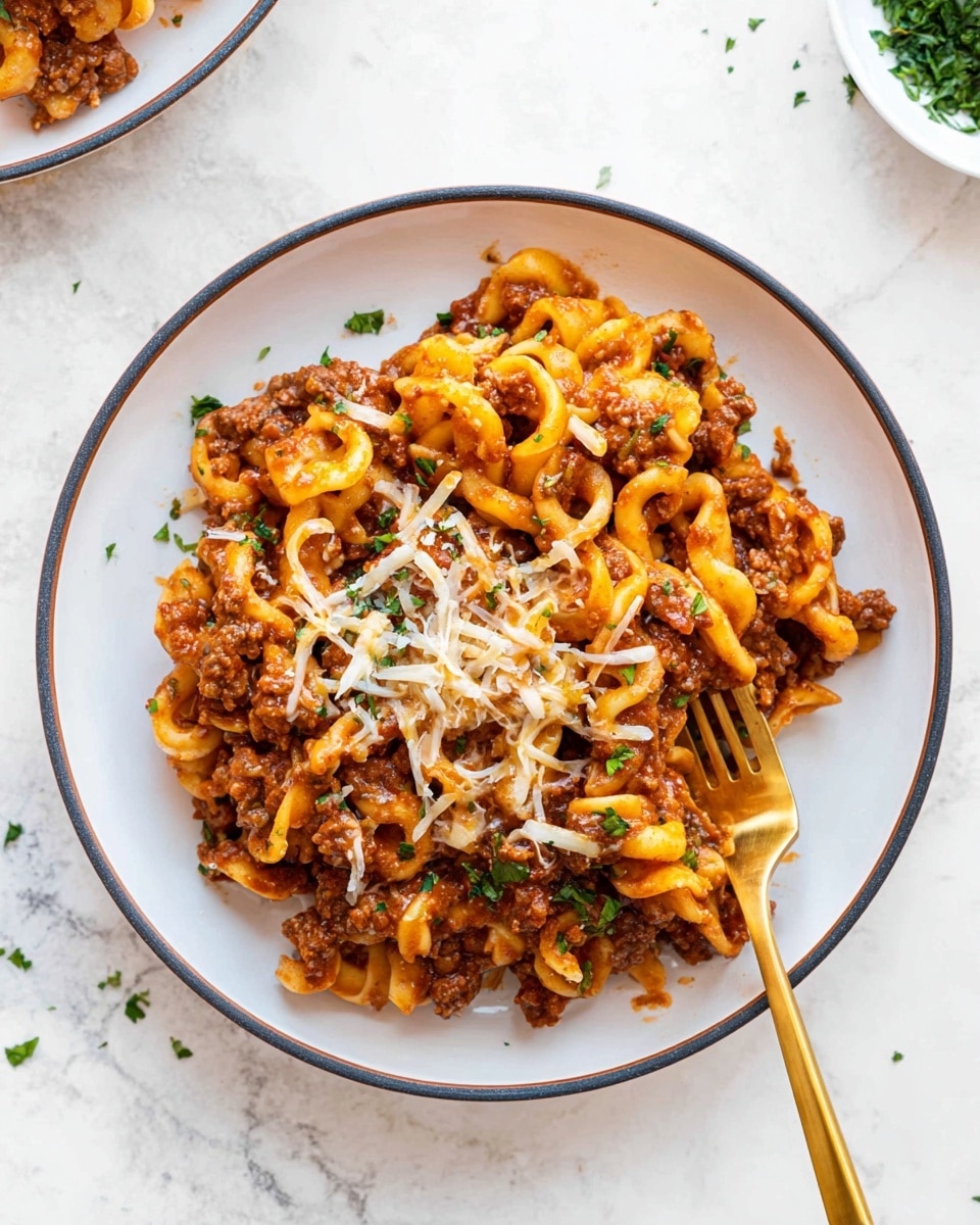 The image shows a close-up of a big white dish filled with layered pasta mixed with browned meat and a thick reddish-brown sauce. The pasta pieces are curly-edged and soft, soaking the sauce which has small bits of herbs or spices. The dish looks hot with steam coming up, and melted cheese strings stretch out from a wooden spoon lifting a scoop of the pasta and meat mixture. The dish rests on a white marbled surface with a textured cloth partially under it. photo taken with an iphone --ar 4:5 --v 7
