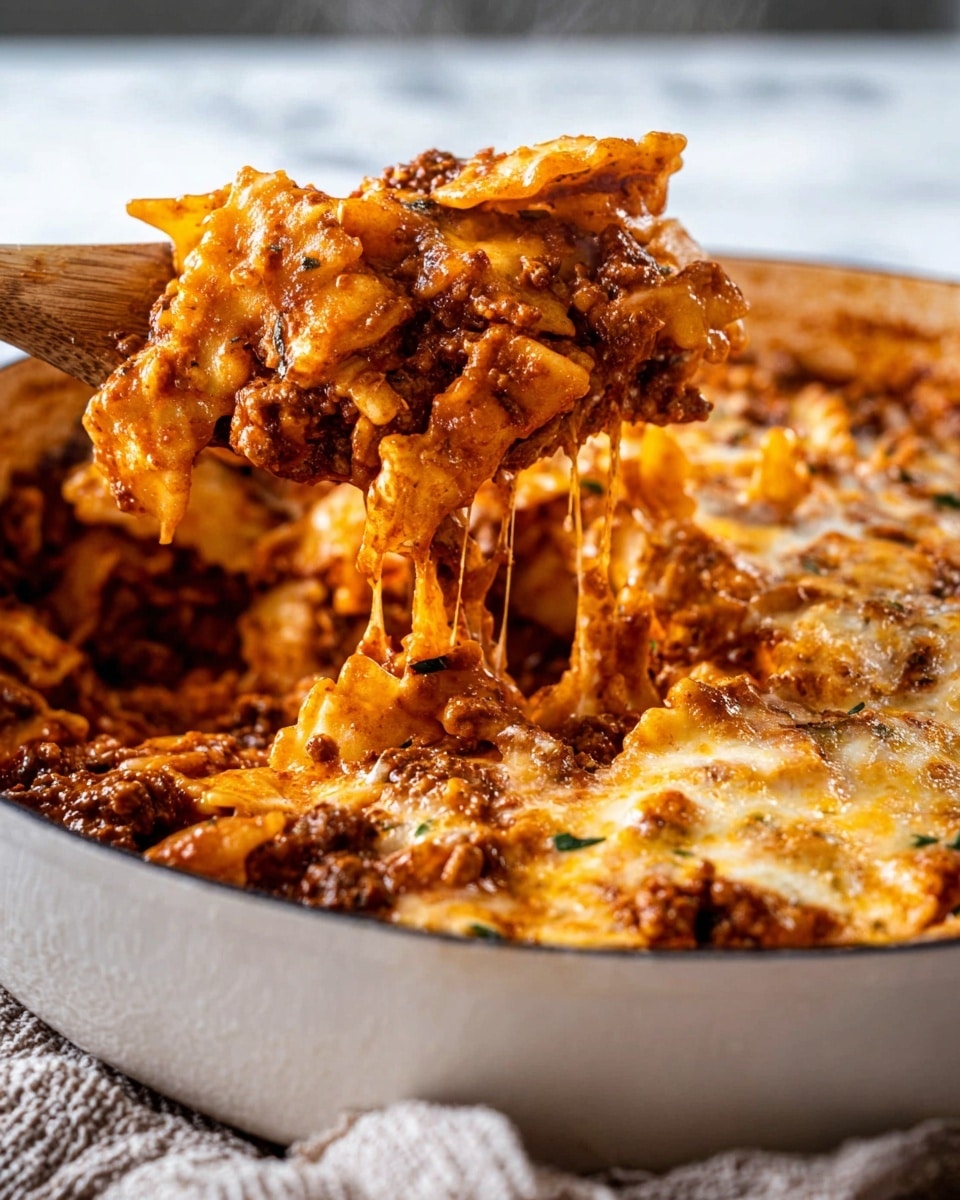 A white round plate with a thin dark rim holds a serving of thick, curly pasta mixed with rich, brown meat sauce. The pasta is coated with a shiny, orange-red sauce, mixed with small bits of cooked ground meat. On top, there are melted light yellow and white shredded cheese pieces, and small green parsley pieces sprinkled all over. A gold fork is stuck into the dish on the right side. The plate sits on a white marbled surface with tiny bits of parsley scattered nearby. Photo taken with an iphone --ar 4:5 --v 7