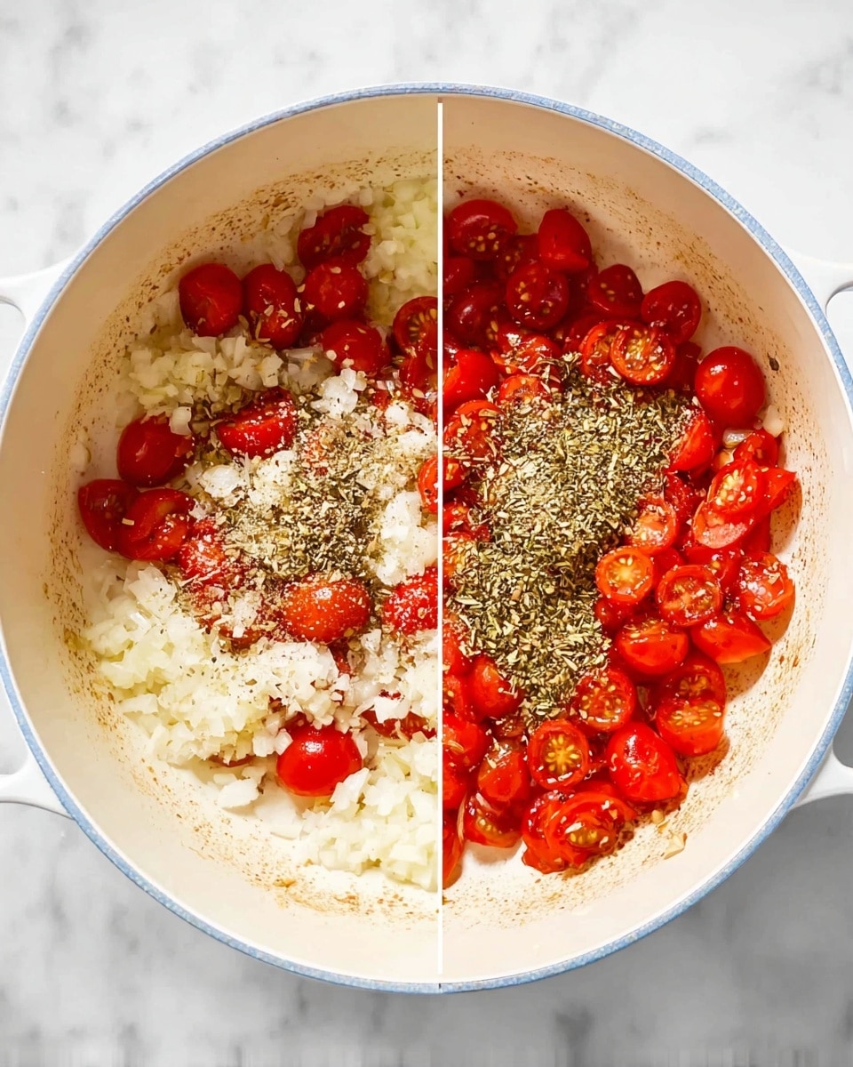 The image shows a white pot with slightly browned inside, placed on a white marbled surface. Inside the pot, there are two cooking stages side by side: on the left, a layer of minced white onion covers the bottom with bright red cherry tomato halves scattered on top; on the right, the same onion and tomato base is visible with an added pile of dried green herbs and a small amount of black and white seasonings sprinkled over the tomatoes in the upper center area. The contrast between the red tomatoes and the white onions is clear, and the herbs add a textured green accent. Photo taken with an iphone --ar 4:5 --v 7