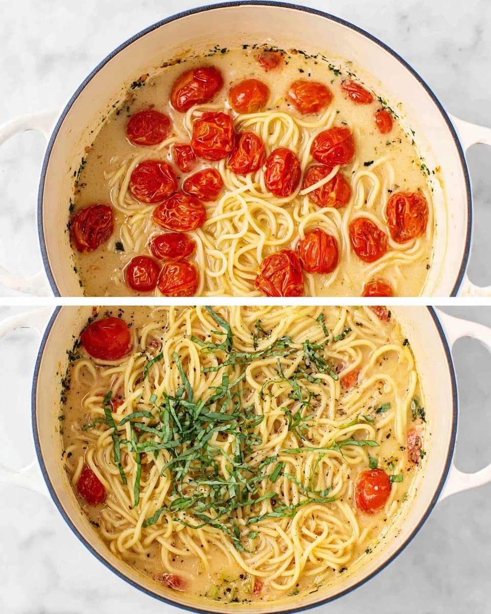 Two images show a white pot filled with creamy pasta and cherry tomatoes on a white marbled surface. The pot contains three layers: at the bottom is a light beige creamy sauce with herbs visible as small black dots; the middle layer has pale yellow cooked spaghetti noodles spread unevenly; the top layer has bright red halved cherry tomatoes scattered throughout. In the second image, fresh green basil leaves are thinly sliced and sprinkled on top of the pasta, adding a vivid green color contrast. The edges of the pot show some sauce splashes. The setting is bright and clean. photo taken with an iphone --ar 4:5 --v 7