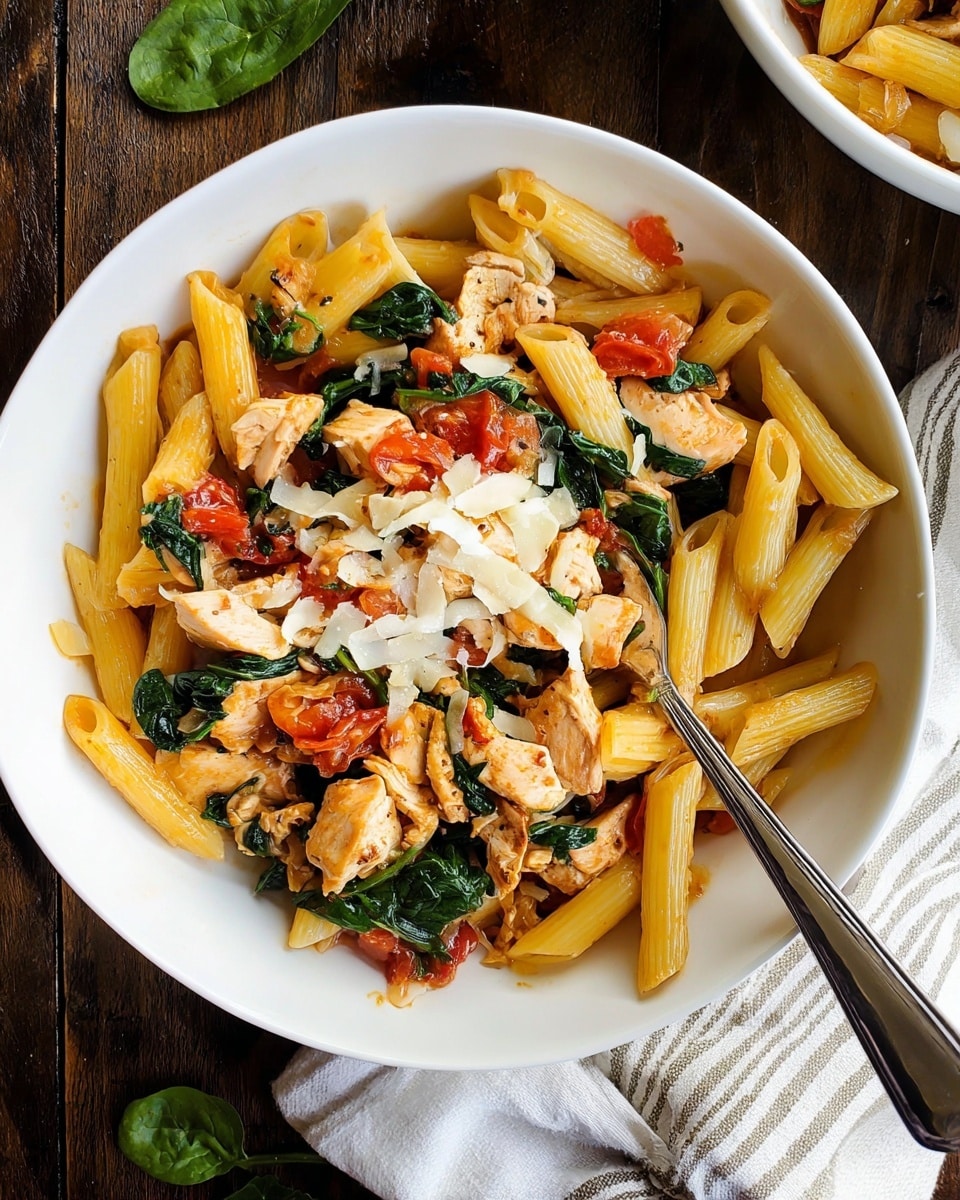 A white bowl filled with a pasta dish showing three main layers: the bottom layer has yellow penne pasta in tubes, the middle layer has pieces of light brown cooked chicken mixed with chunks of red tomatoes and green spinach leaves scattered throughout, and the top layer is sprinkled with melted white cheese that lightly covers some pasta and chicken. The bowl sits on a dark wooden surface with a silver fork placed inside the bowl on the right side. There is a white and beige striped cloth partially visible on the right edge. Photo taken with an iphone --ar 4:5 --v 7
