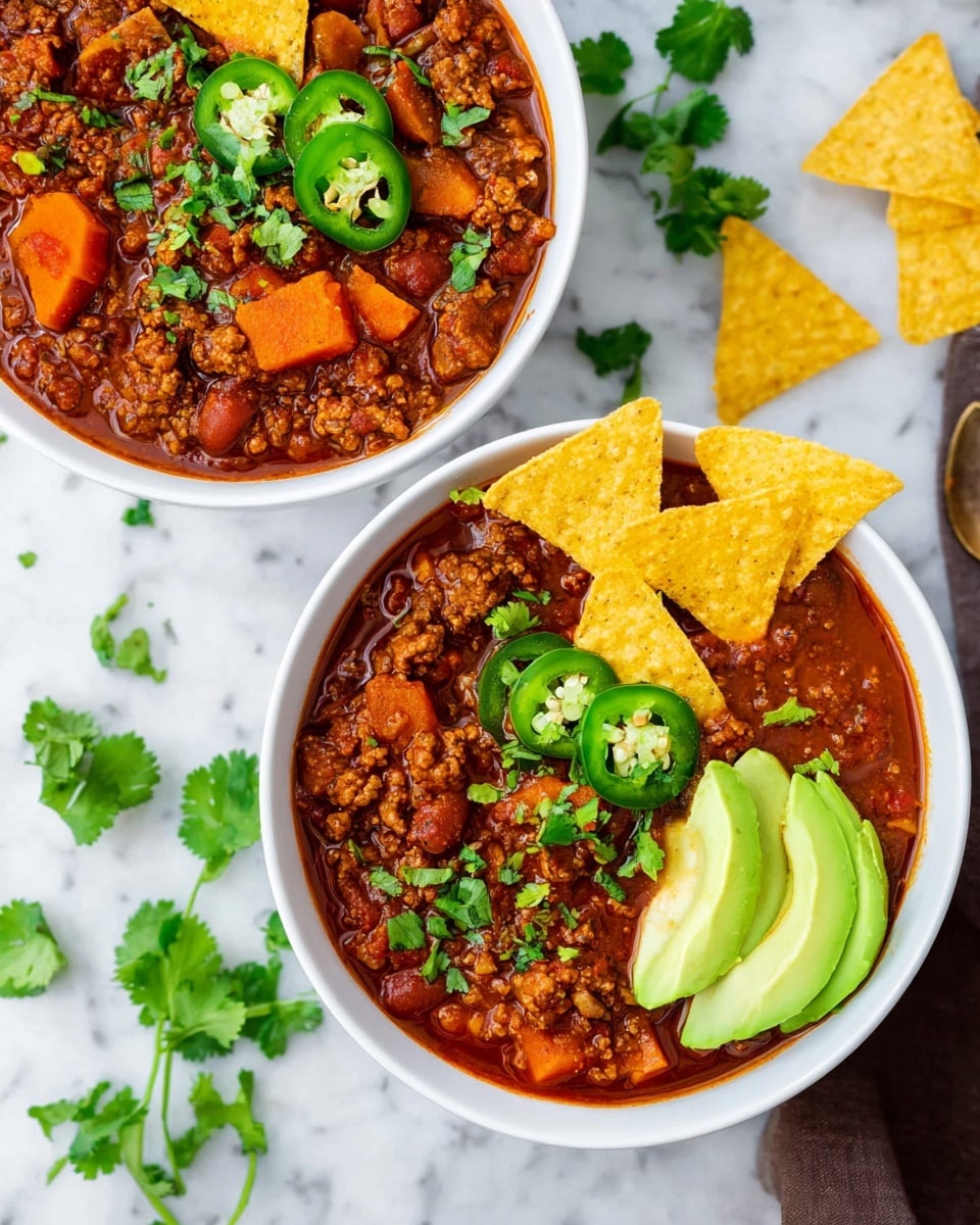 Two white bowls filled with thick chili that has visible pieces of orange carrots, ground meat, and beans in a rich red sauce. On top of the chili in each bowl are bright green slices of jalapeño peppers, light yellow tortilla chips standing upright, and scattered fresh green cilantro leaves. One bowl also has smooth, creamy light green avocado slices arranged on one side. The bowls sit on a white marbled surface with some tortilla chips and fresh cilantro nearby. Photo taken with an iphone --ar 4:5 --v 7