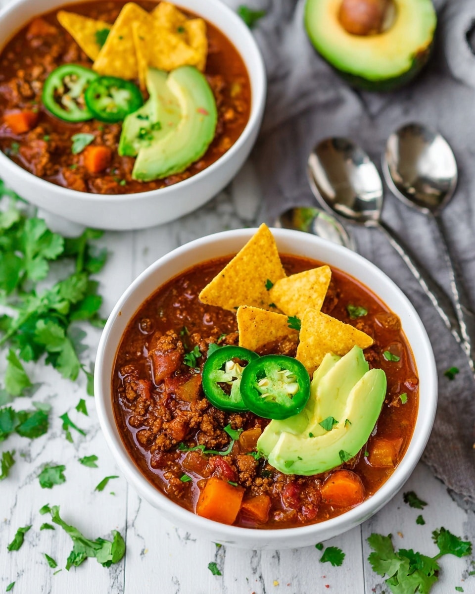 The image shows two white bowls filled with thick, dark red chili soup that has visible pieces of ground meat and orange carrot chunks. The front bowl is topped with three slices of light green avocado on the right side, bright green jalapeño slices scattered on top, and two triangular yellow tortilla chips placed on the left side. Small green cilantro leaves are sprinkled over the surface. In the background on a white marbled texture, there is a halved avocado and some green herbs around it, with two silver spoons lying next to the bowls. Photo taken with an iphone --ar 4:5 --v 7