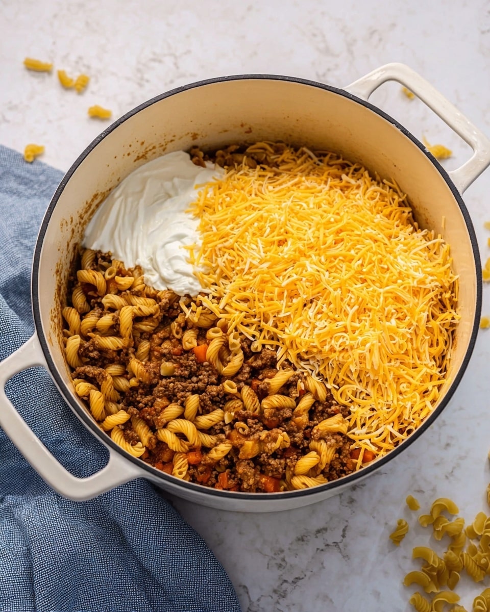 Inside a large round white pot with two handles, there is a layered mixture of food. The bottom layer is brown cooked elbow pasta mixed with small pieces of cooked ground meat and small orange vegetable bits, likely carrots. On one side, there is a smooth white creamy layer placed on top of the pasta and meat. Next to the white layer, there is a bright yellow shredded cheese piled high and ready to be mixed in. The pot sits on a white marbled surface with a soft blue cloth and some stray pieces of pasta around it. Photo taken with an iphone --ar 4:5 --v 7