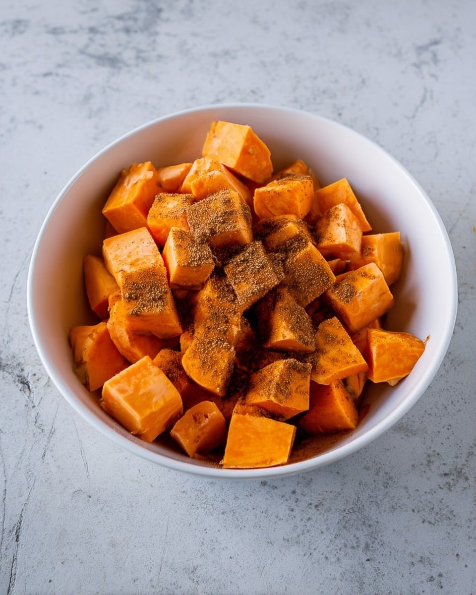 A white bowl sits on a white marbled surface filled with about two layers of chopped orange butternut squash. The cubes are evenly sized and scattered inside the bowl. On top of the butternut squash, there is a sprinkle of brown spices that look like cinnamon or nutmeg, adding texture and color contrast. The overall scene is bright, with the orange pieces standing out against the white bowl and marbled background. photo taken with an iphone --ar 4:5 --v 7