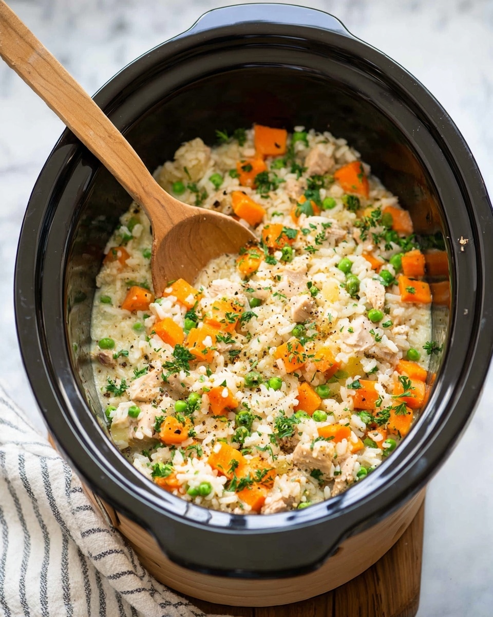 A close-up of a slow cooker filled with a creamy dish made of small white rice or grains mixed with bright orange carrot cubes, green peas, and pieces of light-colored cooked meat. The creamy base looks soft and slightly thick, speckled with fresh green herbs and black pepper. A wooden spoon is partially dipped inside, resting at the center, ready to serve. The slow cooker sits on a white marbled surface with a striped white cloth beside it. photo taken with an iphone --ar 4:5 --v 7
