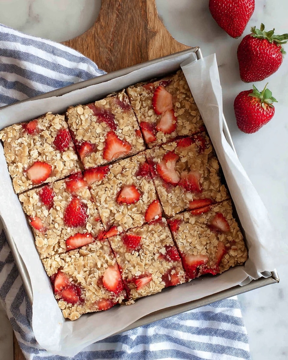 A square metal baking pan lined with white parchment paper holds a crumbly oat topping layer that is golden brown, scattered unevenly on top of a red fruit filling layer that peeks through in gaps; the pan sits on a black cooling rack placed over a blue and white checkered cloth on a white marbled surface. Next to the pan, there's a clear glass bowl with a white liquid inside and a silver fork resting in it, a whole red strawberry and a halved strawberry sit nearby on the surface, with some scattered oats around. photo taken with an iphone --ar 4:5 --v 7