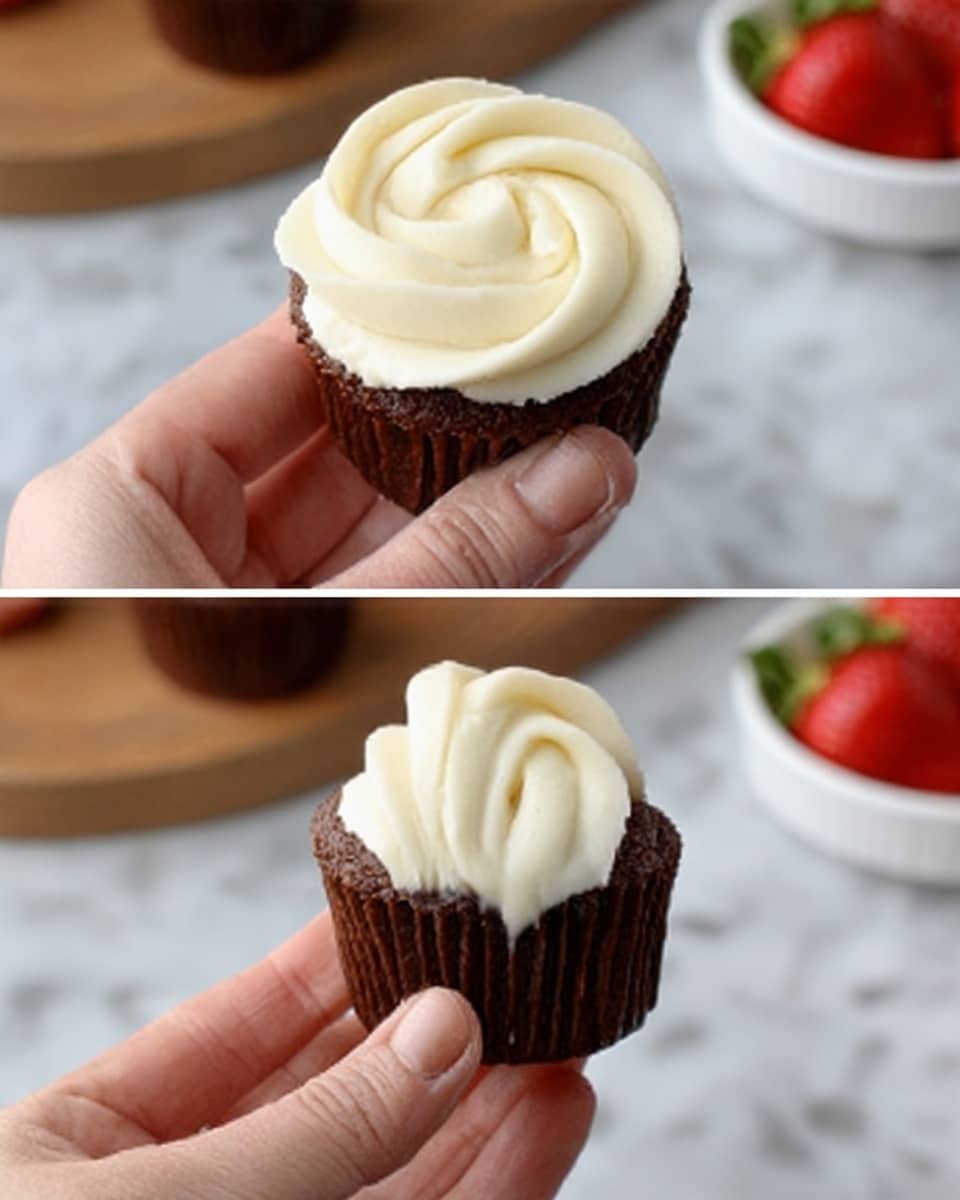 The image shows a woman's hand holding a small chocolate cupcake with creamy white frosting. The cupcake is dark brown with a smooth texture. In the first part of the image, the frosting is swirled in a spiral pattern on top of the cupcake, looking thick and soft. The second part shows the same woman's hand holding the cupcake, but the frosting is partially smeared, with a dollop sliding off the side. The background is a white marbled surface with a white bowl holding red strawberries blurred in the distance, adding a pop of color. photo taken with an iphone --ar 4:5 --v 7