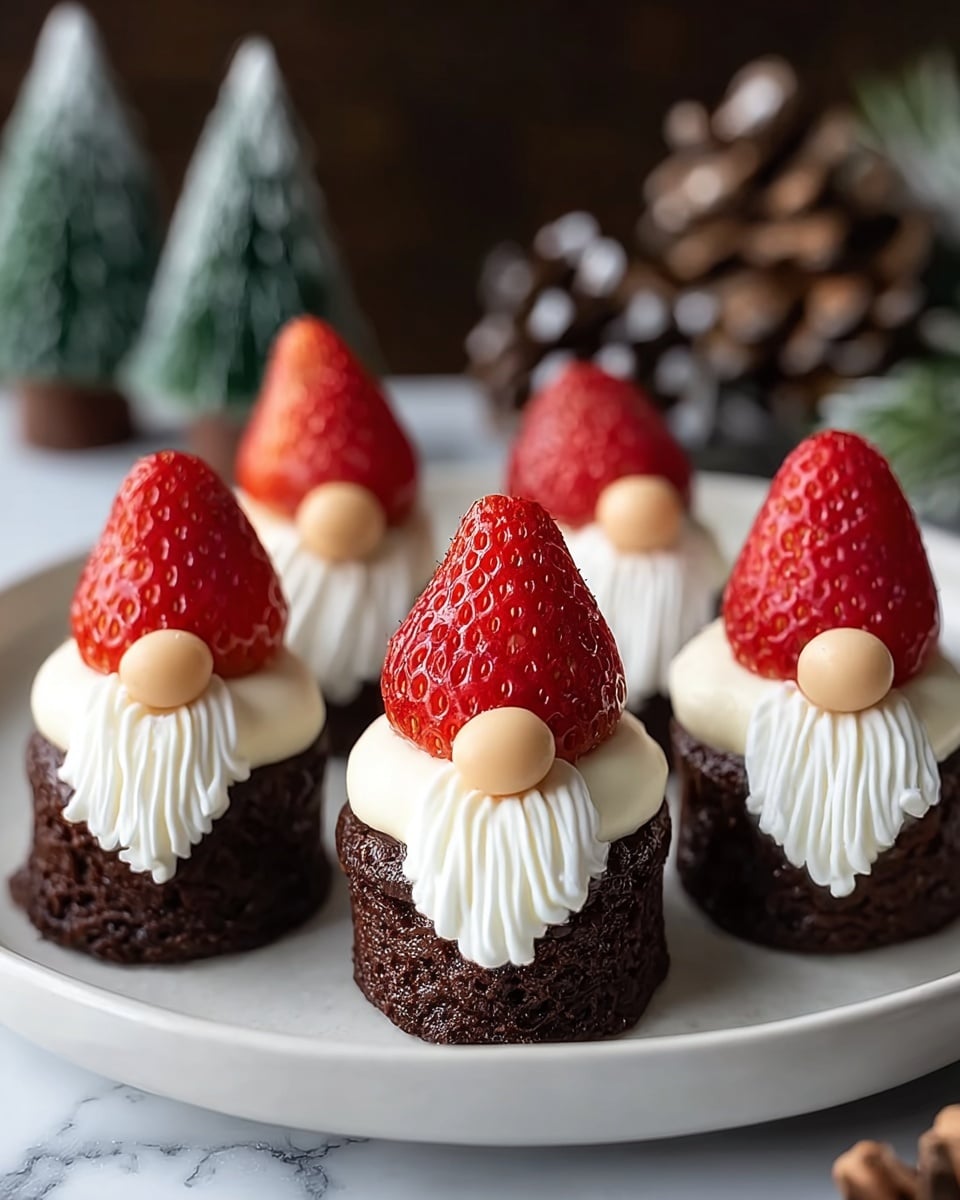 The image shows six small chocolate cakes arranged on a white plate against a white marbled texture background. Each cake has three parts: a dark brown chocolate base, a layer of white cream on top, and a large red strawberry placed vertically at the center. At the front of each cake, a small dollop of white cream is piped downward to look like a beard, and a small round beige candy sits at the top of this cream, resembling a nose. Pine cones and small green decorated trees are blurred in the background, giving a cozy, festive feeling. Photo taken with an iphone --ar 4:5 --v 7