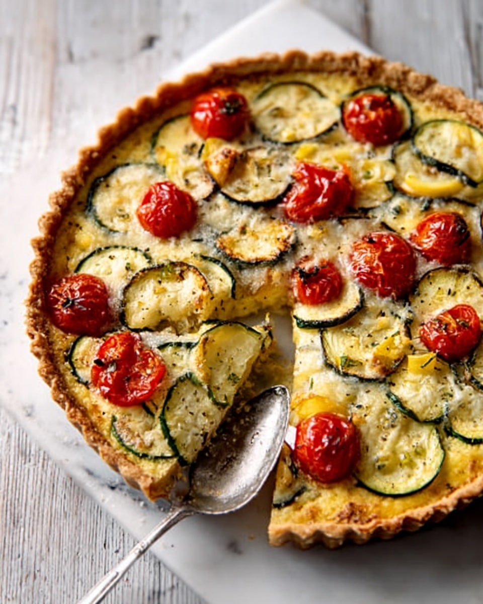 A round tart with a golden brown crust sits on a white marbled surface. Inside, the tart is filled with layers starting from a smooth cream or cheese base, topped with slices of green zucchini arranged evenly. On top of the zucchini are several whole cherry tomatoes, bright red and scattered around. Melted cheese with a light golden bubbly texture covers the vegetables in some spots. A silver spoon is placed in the tart, slightly lifting a piece, showing the layers clearly. Photo taken with an iphone --ar 4:5 --v 7
