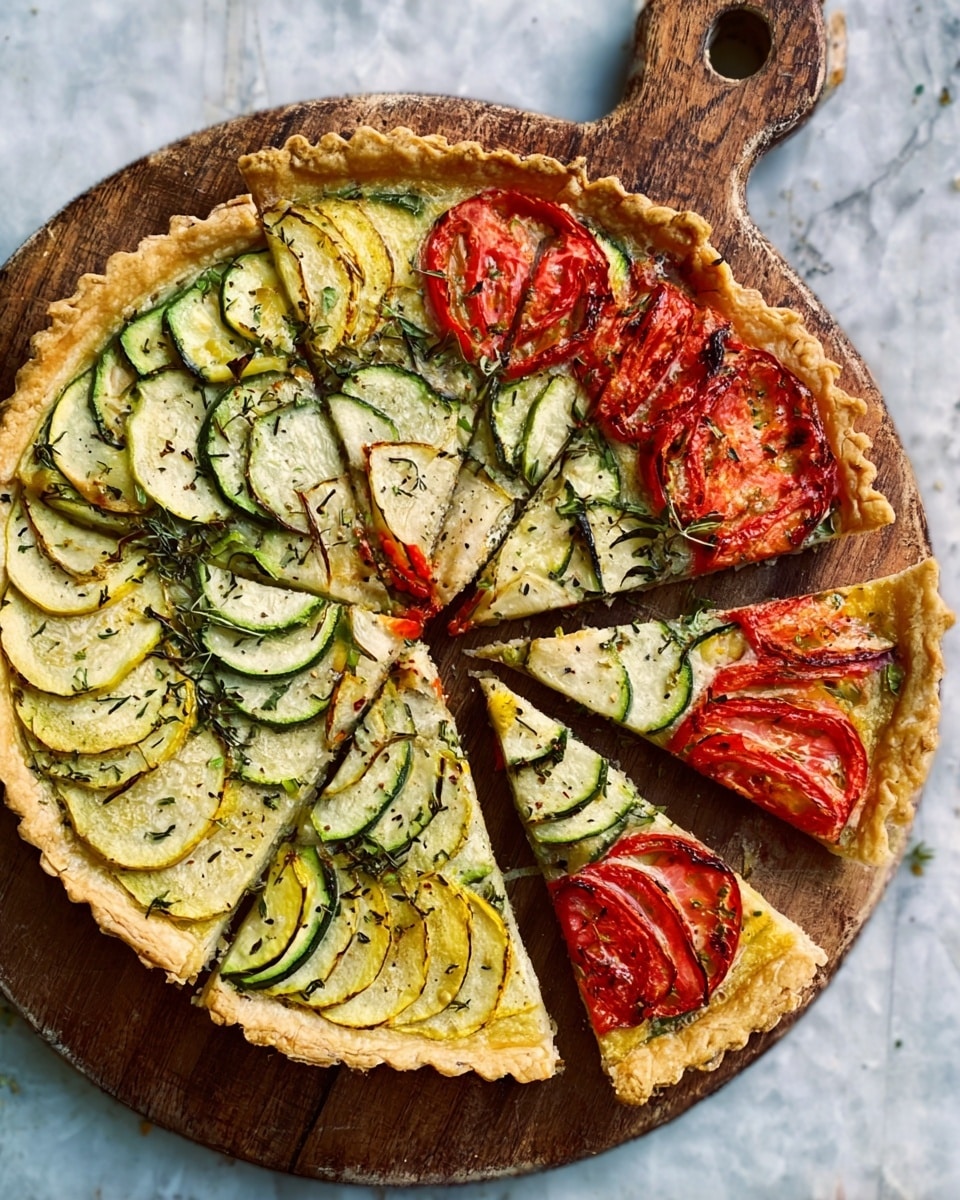A sliced vegetable tart is on a wooden round board with a handle. The tart has a golden, flaky crust around the edge. Inside, there are visible layers of thin, round slices of zucchini and red tomatoes, arranged in a circular pattern, alternating with some light cream or cheese layer underneath. The tart is cut into eight slices, and the surface is slightly browned with herbs sprinkled on top. The wooden board sits on a white marbled surface. photo taken with an iphone --ar 4:5 --v 7