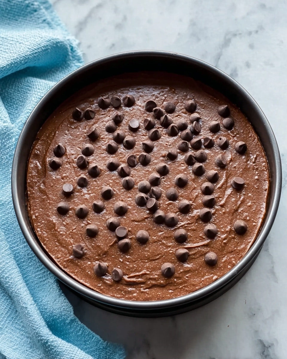 A round black baking pan holds smooth chocolate batter spread evenly inside, with a rich brown color and a slightly glossy texture. On top, there are many small, dark chocolate chips scattered across the surface, creating a dotted pattern. The pan sits on a white marbled surface, and a soft, light blue cloth is partially visible on the left side. The scene is well-lit, showing the creamy texture of the batter and the shape of each chocolate chip clearly photo taken with an iphone --ar 4:5 --v 7