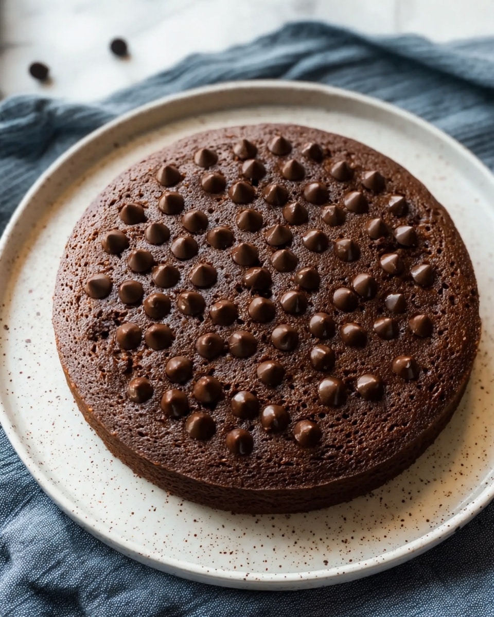 A single-layer round chocolate cake sits on a white speckled plate, with a smooth, slightly cracked dark brown surface topped with many small, round chocolate chips spread evenly across the top. The cake looks soft and moist with a slightly glossy texture from the chocolate chips. The plate is placed on a blue cloth, all set on a white marbled surface. Photo taken with an iphone --ar 4:5 --v 7