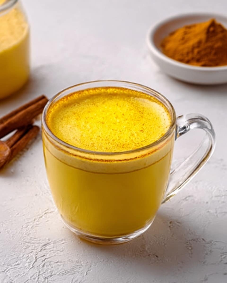The image shows a clear glass cup filled with bright yellow turmeric milk, topped with a thin layer of frothy foam. The cup has a curved handle and is placed on a white marbled surface. In the background, there is a white bowl with a brown powder and two cinnamon sticks partially visible, adding warm tones to the scene. The overall look is clean and inviting, with soft natural light highlighting the smooth texture of the drink. Photo taken with an iphone --ar 4:5 --v 7