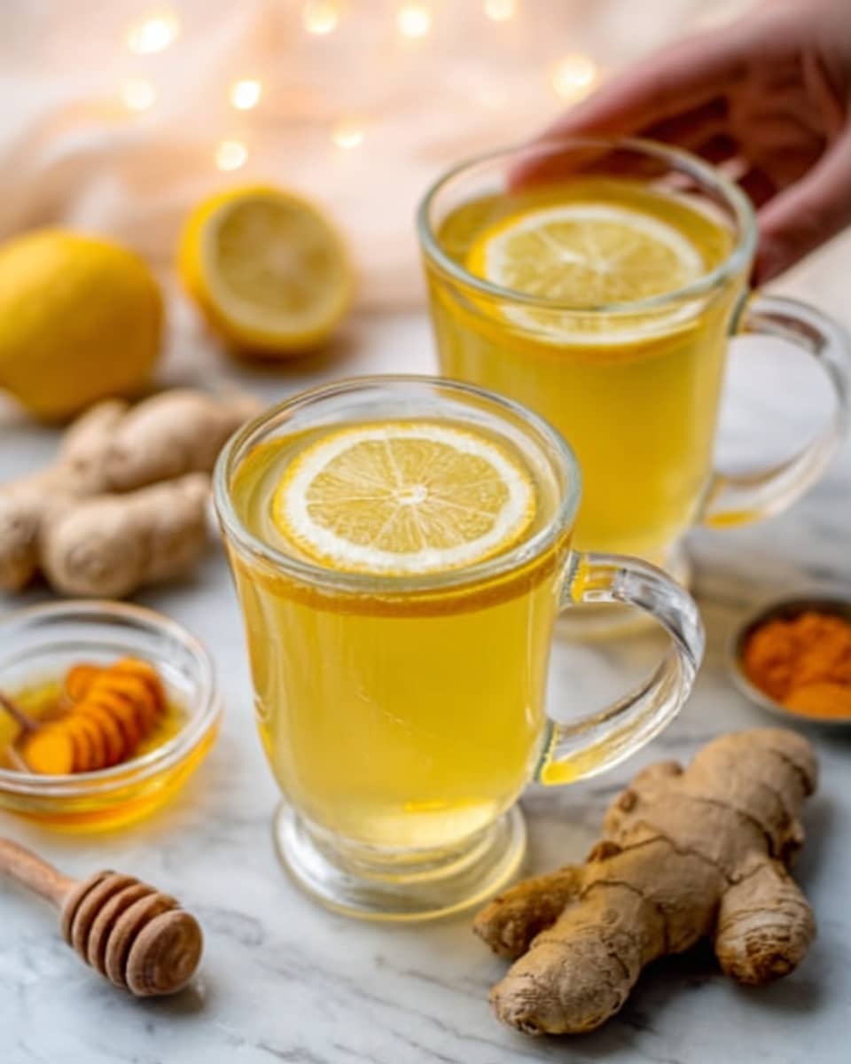 The image shows two clear glass cups filled with light yellow tea, each topped with a thin round slice of lemon floating on the surface. The cups are stacked one in front of the other, both resting on a white marbled surface. Around the cups, there is a piece of ginger root with its brown, bumpy texture visible, a small glass bowl filled with honey next to a wooden honey dipper, and some small turmeric roots with a bright orange color. A woman's hand is gently touching the top cup. The background is softly blurred with warm, light colors giving a cozy feeling. photo taken with an iphone --ar 4:5 --v 7