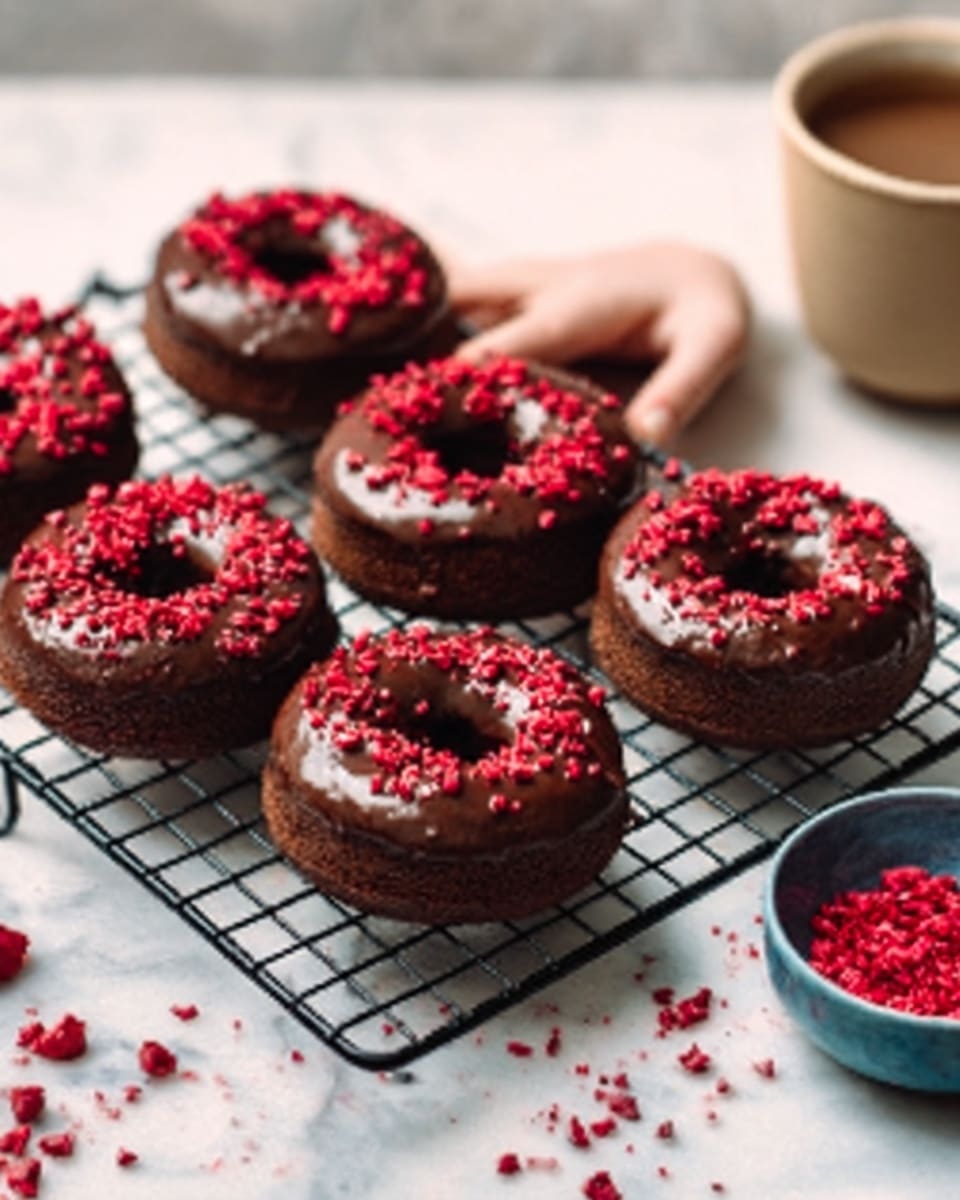 Six chocolate-glazed donuts with bright red sprinkles are placed on a black wire cooling rack over a white marbled surface. One donut has a woman's hand reaching for it, while a small blue bowl with more red sprinkles is nearby on the right side. In the background, there is a blurry light brown cup. The donuts have a smooth, shiny chocolate glaze on top with rough red bits scattered over them. photo taken with an iphone --ar 4:5 --v 7