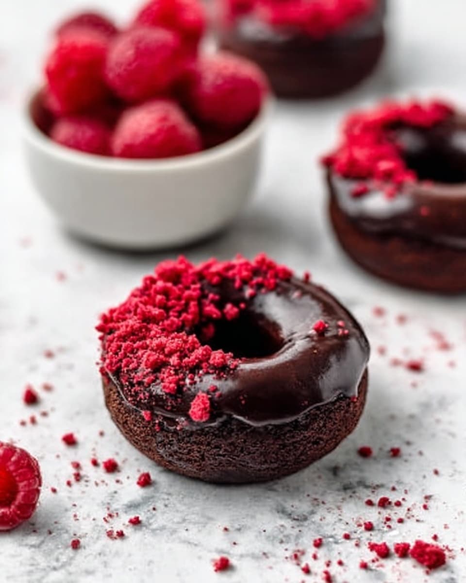 A close-up image of a chocolate donut covered in smooth dark chocolate glaze. The donut has bright red crushed topping on one side, adding a rough texture contrast. Behind the donut, there is a white bowl filled with fresh raspberries and a second donut topped in the same way. The scene is set on a white marbled surface with small bits of the red topping scattered around. photo taken with an iphone --ar 4:5 --v 7