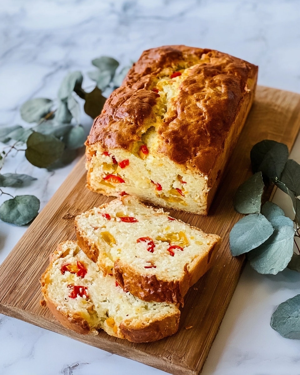 The image shows a golden-brown loaf of savory bread resting on a black wire cooling rack placed on a white marbled surface. The loaf has a rough textured crust with a slightly uneven top. One slice is cut and placed in front of the loaf, revealing a soft, light yellow interior filled with small pieces of green and reddish bits, likely vegetables or ham. The background includes blurred white eggs and a white bowl, all set on the white marbled surface. photo taken with an iphone --ar 4:5 --v 7