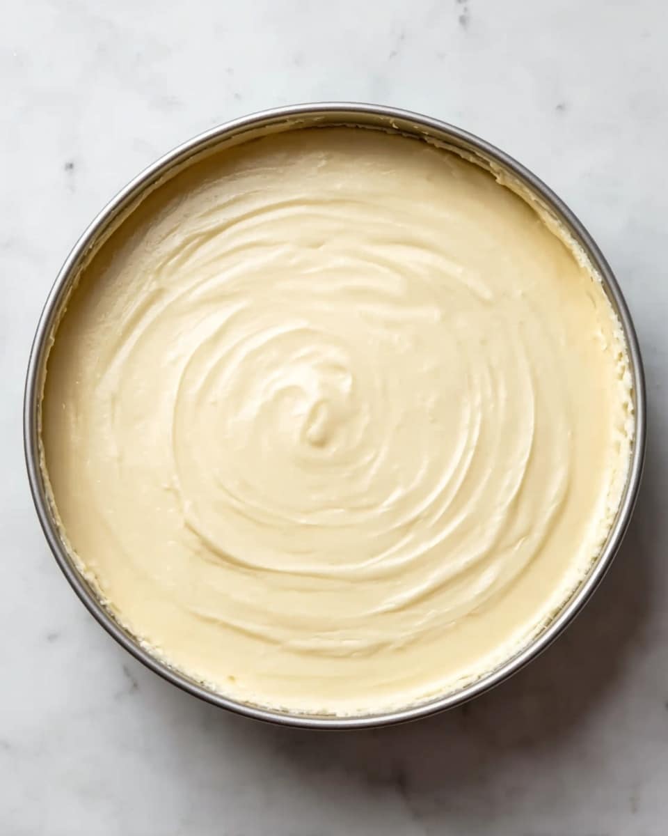 The image shows a round silver baking pan filled with a smooth, creamy light yellow batter evenly spread and slightly swirled on top, resting on a white marbled surface. The batter fills the pan nearly to the top with a soft, silky texture and no visible layers or toppings photo taken with an iphone --ar 4:5 --v 7