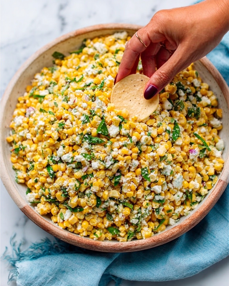 The image shows a white plate with a layered dish made mainly of roasted corn kernels mixed with creamy white sauce and small green herb pieces, giving it a textured look. There are crumbled white cheese pieces sprinkled on top, adding a slight crumbly texture. In the middle, three thin slices of green chili are placed upright, surrounded by a lime wedge on the right side of the plate, adding a fresh touch. A spoon with a metallic shine is partly in the dish on the right, while a woman's hand is holding the edge of the plate slightly on the left side. The whole setting is on a white marbled surface, with additional lime wedges blurred in the background. photo taken with an iphone --ar 4:5 --v 7