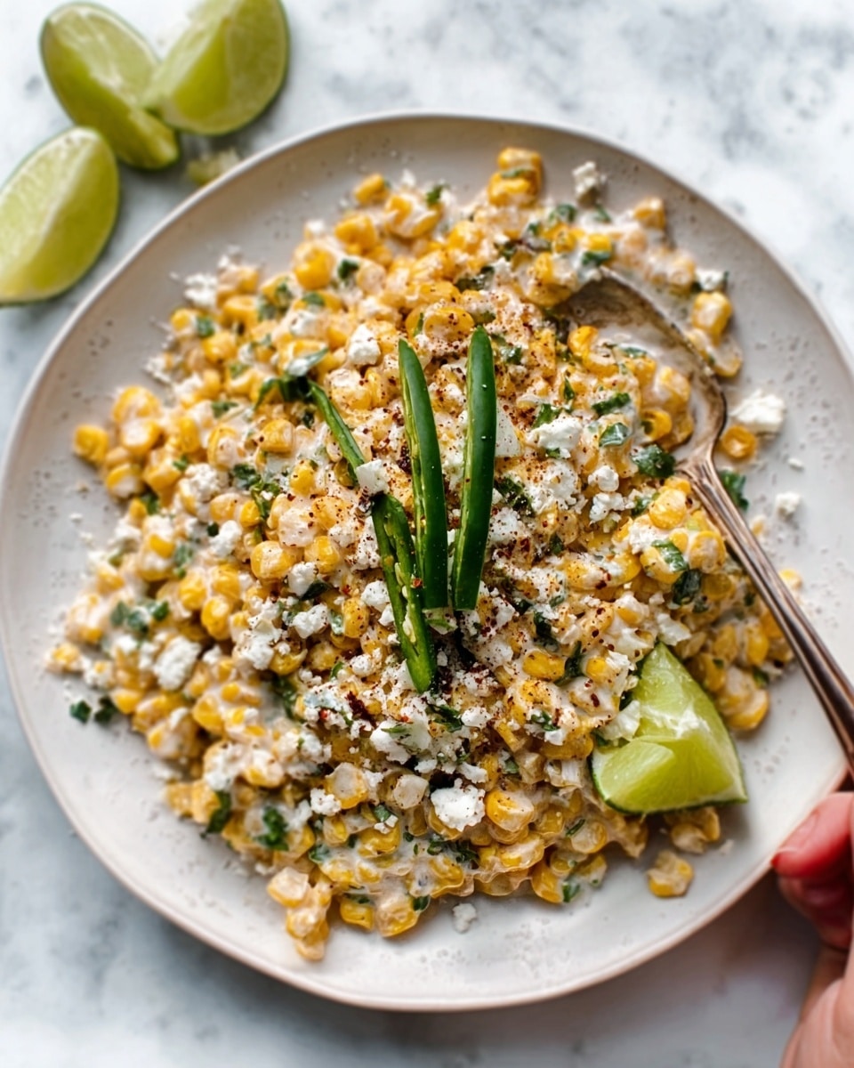 A large white bowl filled with a corn salad that has yellow corn kernels, green herbs, and crumbled white cheese mixed together. On top, a woman's hand is holding a round, light beige chip dipped into the salad. The bowl is placed on a white marbled surface with a light blue cloth partially visible underneath. The texture of the salad looks creamy with small bits of ingredients spread evenly. Photo taken with an iphone --ar 4:5 --v 7