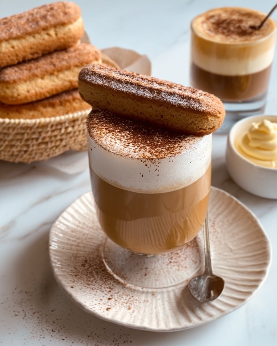 The image shows a glass cup filled with a creamy light brown coffee drink. On top, there is a thick layer of white whipped cream sprinkled with dark cocoa powder. A ladyfinger biscuit sticks out from the whipped cream at an angle. The glass cup sits on a white scalloped plate, with a small silver spoon resting beside it. The background and surface have a white marbled texture. photo taken with an iphone --ar 4:5 --v 7