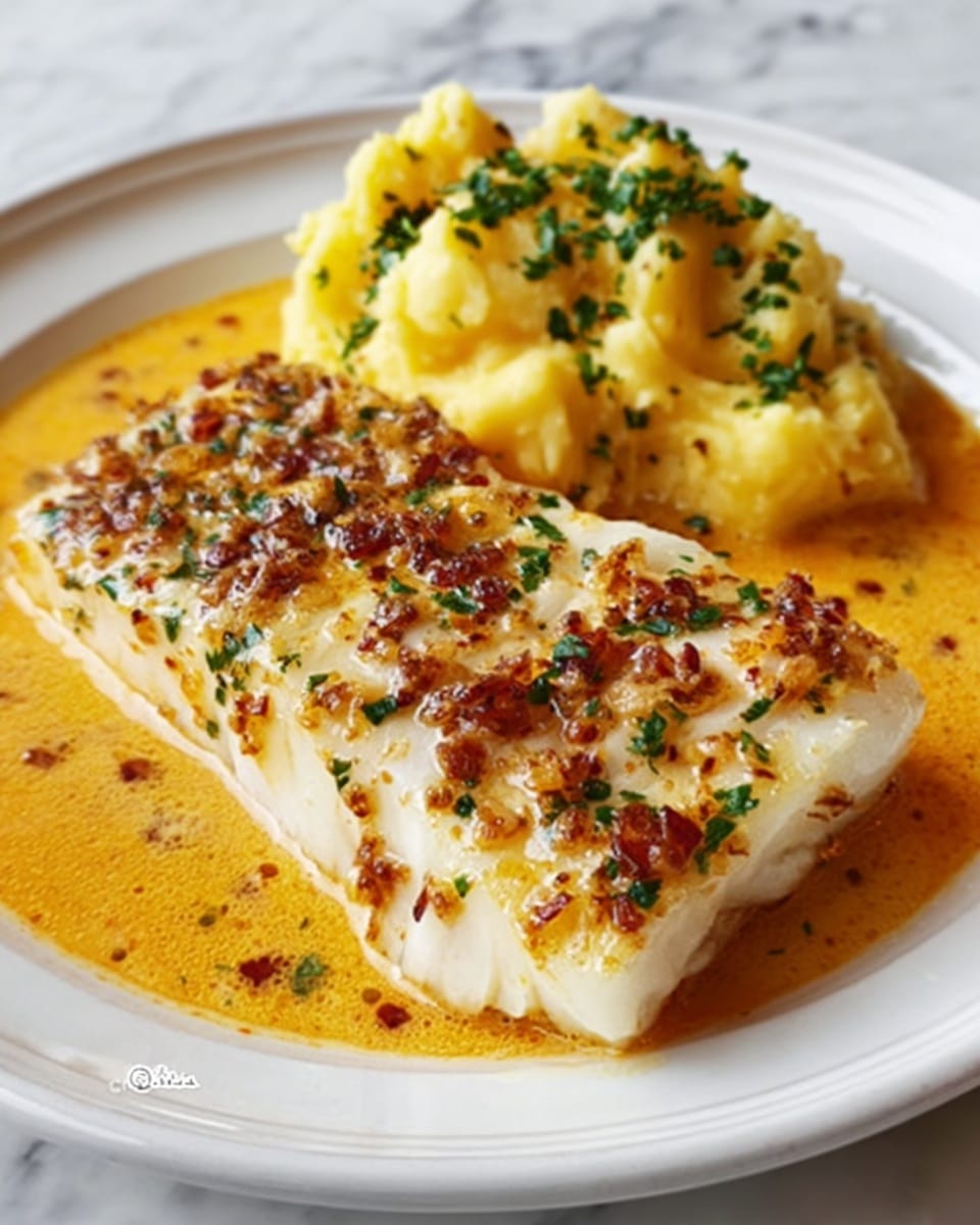 A white plate with two main parts on a white marbled surface: on one side, there is a thick piece of white fish with a golden-brown top sprinkled with small bits of browned seasoning and green herbs, covered in a smooth light orange sauce; on the other side, there is mashed yellow potato with some chunks, topped with chopped green herbs. Photo taken with an iphone --ar 4:5 --v 7
