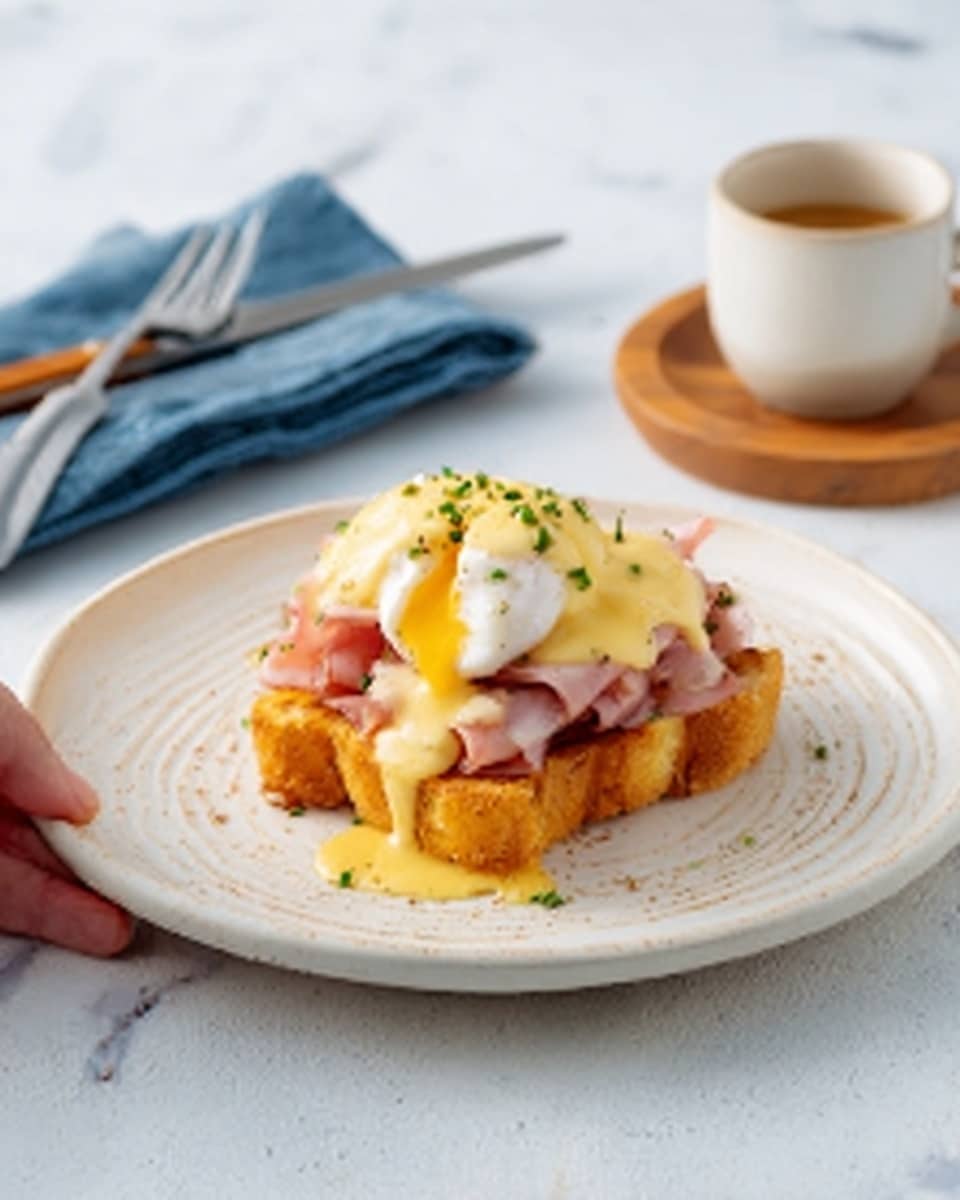 The image shows a white plate with two layers of toasted bread at the bottom. On top of the bread are slices of cooked ham with a pinkish color. Over the ham, there is a poached egg with a shiny white texture, and yellow yolk sauce is flowing down the sides. The dish is sprinkled with green herbs on top. A woman's hand is about to hold the plate from the left side. In the background, there is a white marbled surface with a fork and knife wrapped in a blue napkin on the left and a cup of coffee on a wooden coaster at the top right. A small white sauce container is at the bottom right. photo taken with an iphone --ar 4:5 --v 7