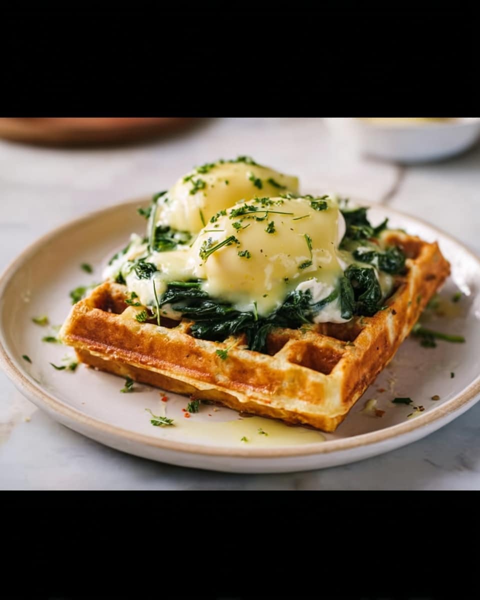 A square waffle with a golden-brown color sits on a simple white round plate placed on a white marbled surface. On top of the waffle, there is a layer of fresh green spinach leaves that look soft and cooked. Over the spinach, two dollops of melted light yellow cheese sauce are draped, slightly flowing down the sides. Small chopped green herbs sprinkled on top add a fresh touch. The waffle looks thick with a crisp texture on the edges. The background is softly blurred, keeping focus on the dish. photo taken with an iphone --ar 4:5 --v 7