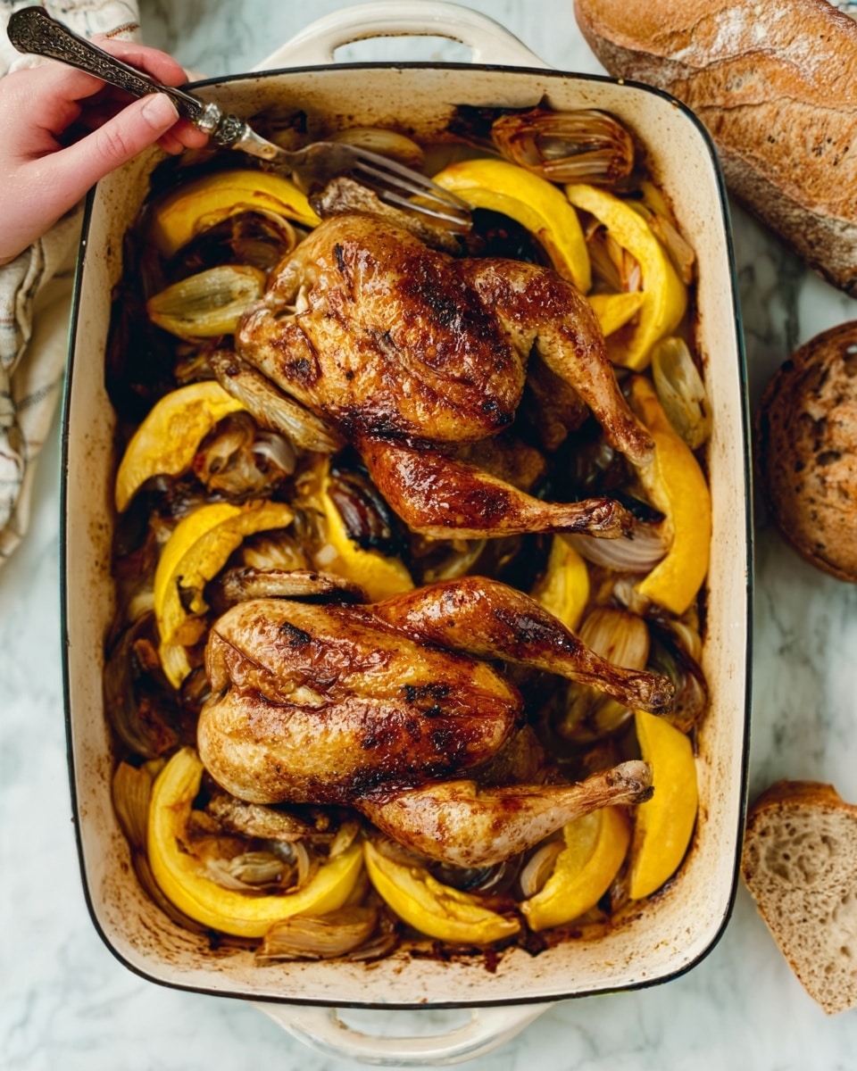 The image shows a large white roasting pan filled with two whole roasted chickens with crispy, golden-brown skin. Around the chickens, there are slices of yellow-orange cooked squash and roasted onion pieces, creating a colorful mix around the birds. A woman's hand is holding a fork above the pan. The pan sits on a white marbled surface, and part of a cloth and bread are visible nearby. photo taken with an iphone --ar 4:5 --v 7