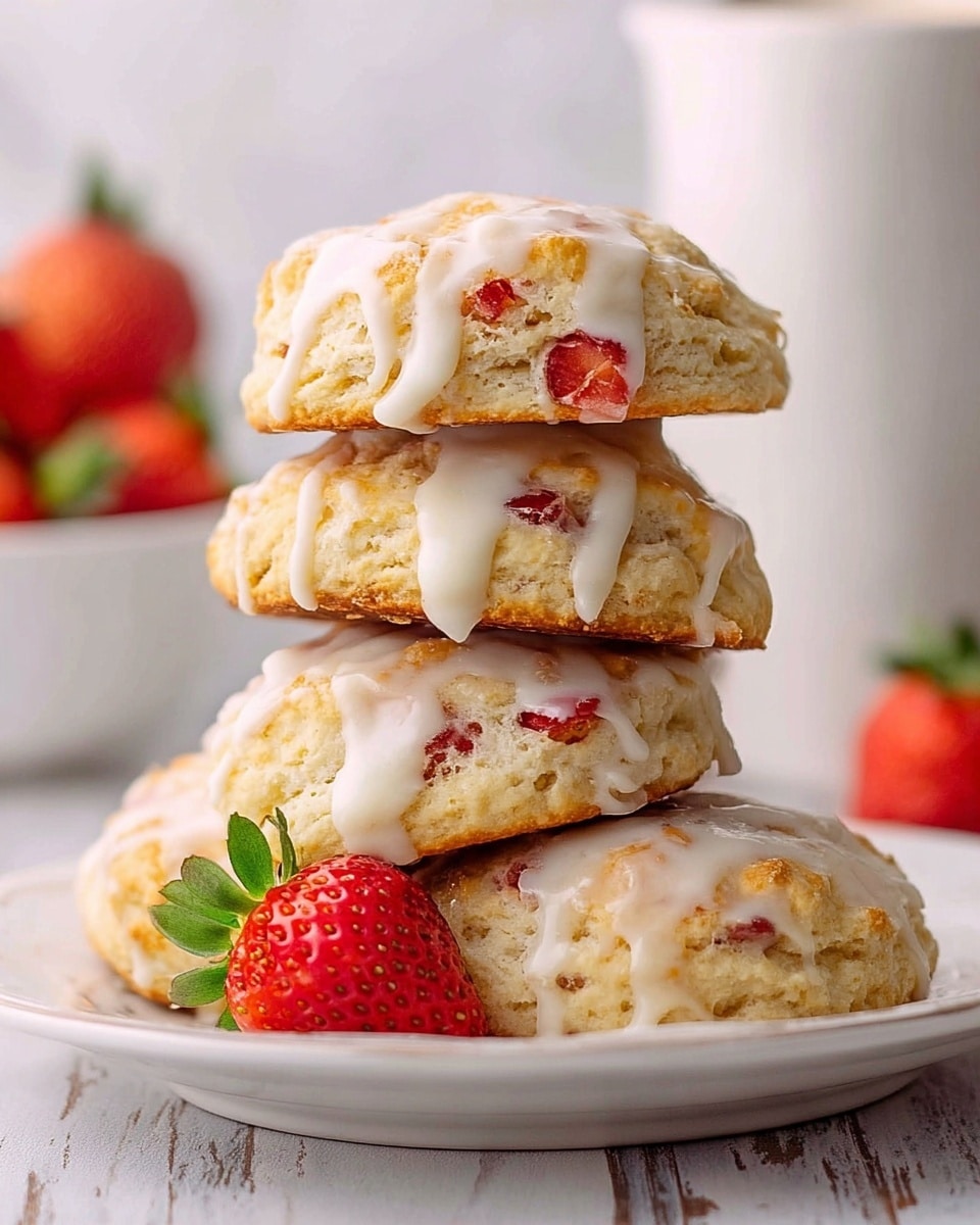 A white plate holds a stack of four golden scones with visible red strawberry pieces inside. Each scone is topped with white icing that drips down the sides in smooth, thick lines. One fresh whole strawberry with green leaves is placed at the base of the stack on the plate. The background shows a white marbled texture with a blurred white container and fresh strawberries in soft focus. The scones have a light, fluffy texture with slight cracks on the surface, and the icing adds a shiny contrast to the matte scones photo taken with an iphone --ar 4:5 --v 7