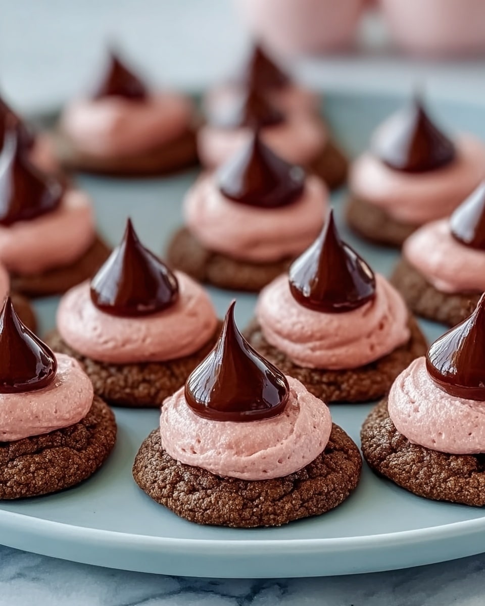 The image shows a group of soft chocolate cookies with thick, swirled chocolate frosting on top, all resting on a silver wire cooling rack. One cookie in the front is broken in half, revealing a bright red cherry in the middle surrounded by the rich chocolate interior. The cookies have a rich brown color and a slightly bumpy texture, with the frosting smooth and glossy. The scene is set on a white marbled surface with a white cloth that has a red stripe under the rack. Photo taken with an iphone --ar 4:5 --v 7