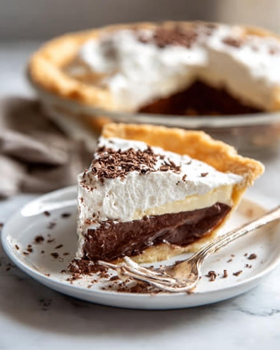 The image shows a slice of creamy pie on a white plate placed on a white marbled surface. The pie has three clear layers: a dark chocolate layer at the bottom, a thick white creamy middle layer, and a fluffy whipped cream layer on top, sprinkled with small chocolate shavings. In the background, the full round pie with a golden crust can be seen, slightly blurred. A woman's hand is holding a fork with a small piece of pie on it, resting on the plate. The lighting is soft and natural, highlighting the textures of the pie layers and the shiny chocolate bits. Photo taken with an iphone --ar 4:5 --v 7