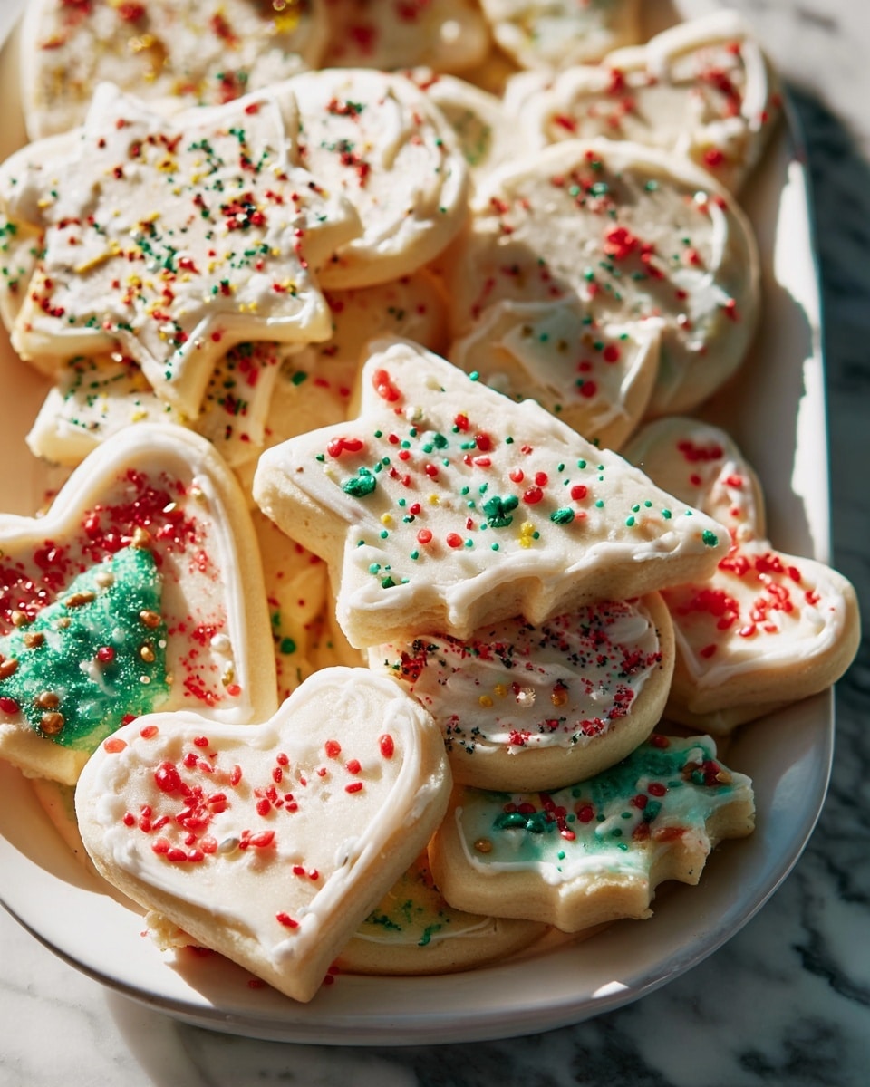 The image shows a close-up of several sugar cookies in different shapes, each with two layers: a light golden cookie base and a thick, creamy white frosting layer on top. The frosting has a smooth, slightly swirled texture and is decorated with various colorful sprinkles scattered across, including small round beads and elongated rods in colors like red, blue, green, yellow, and pink. One cookie in the front has a bite taken out, revealing the soft inside of the cookie. The cookies are placed closely together on a surface with a white marbled texture. photo taken with an iphone --ar 4:5 --v 7