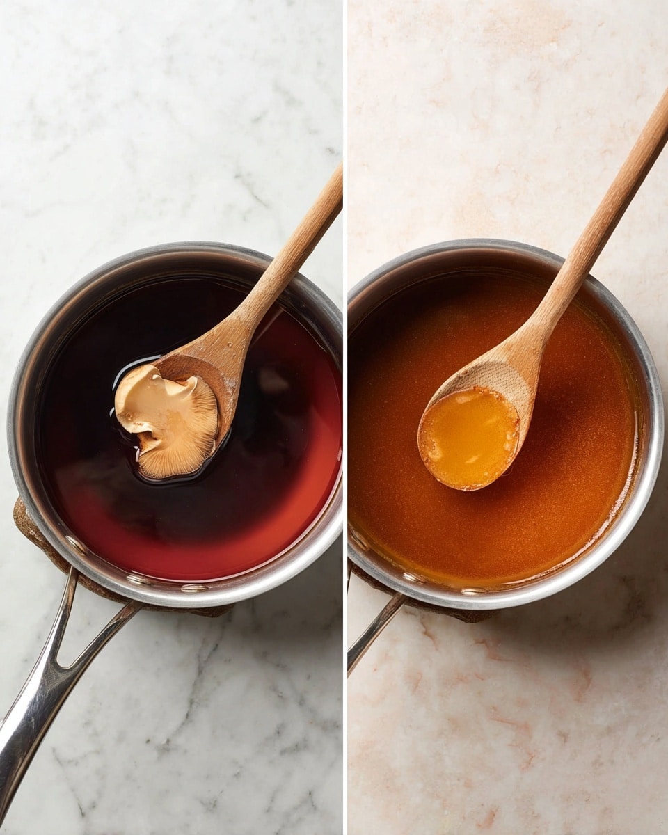 Two images side by side show a metal saucepan on a white marbled surface. The left image has a light wooden spoon in the pan holding a soft tan mushroom, with a clear, deep red-brown liquid around it. The right image shows the same pan and spoon, but the liquid is now smooth and thick with a rich amber-brown color, and the spoon rests lightly in the sauce. Photo taken with an iphone --ar 4:5 --v 7