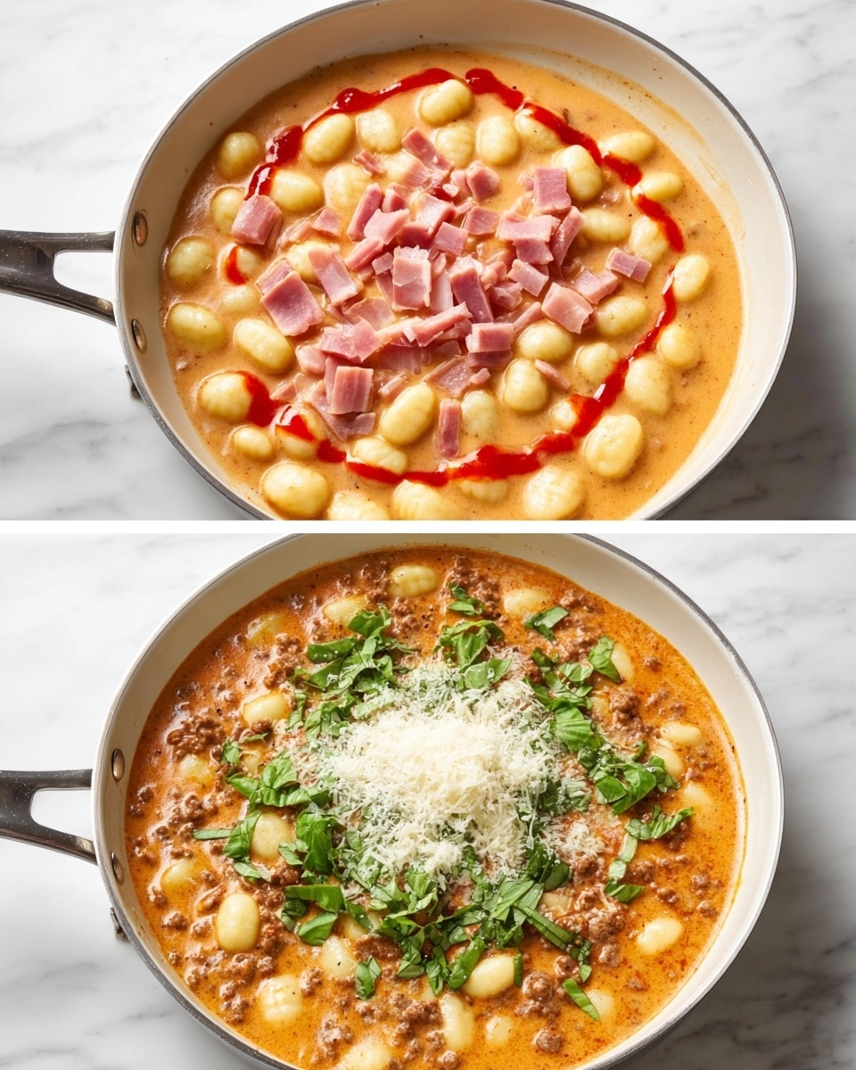 In the first image, a white pan filled with small gnocchi pieces submerged in a creamy orange sauce is topped with chopped pink ham and a drizzle of bright red sauce, all sitting on a white marbled surface. In the second image, the same white pan holds the gnocchi in a thicker orange sauce mixed with browned ground meat, topped with a pile of finely grated white cheese and bright green chopped basil leaves, also placed on the white marbled surface. photo taken with an iphone --ar 4:5 --v 7