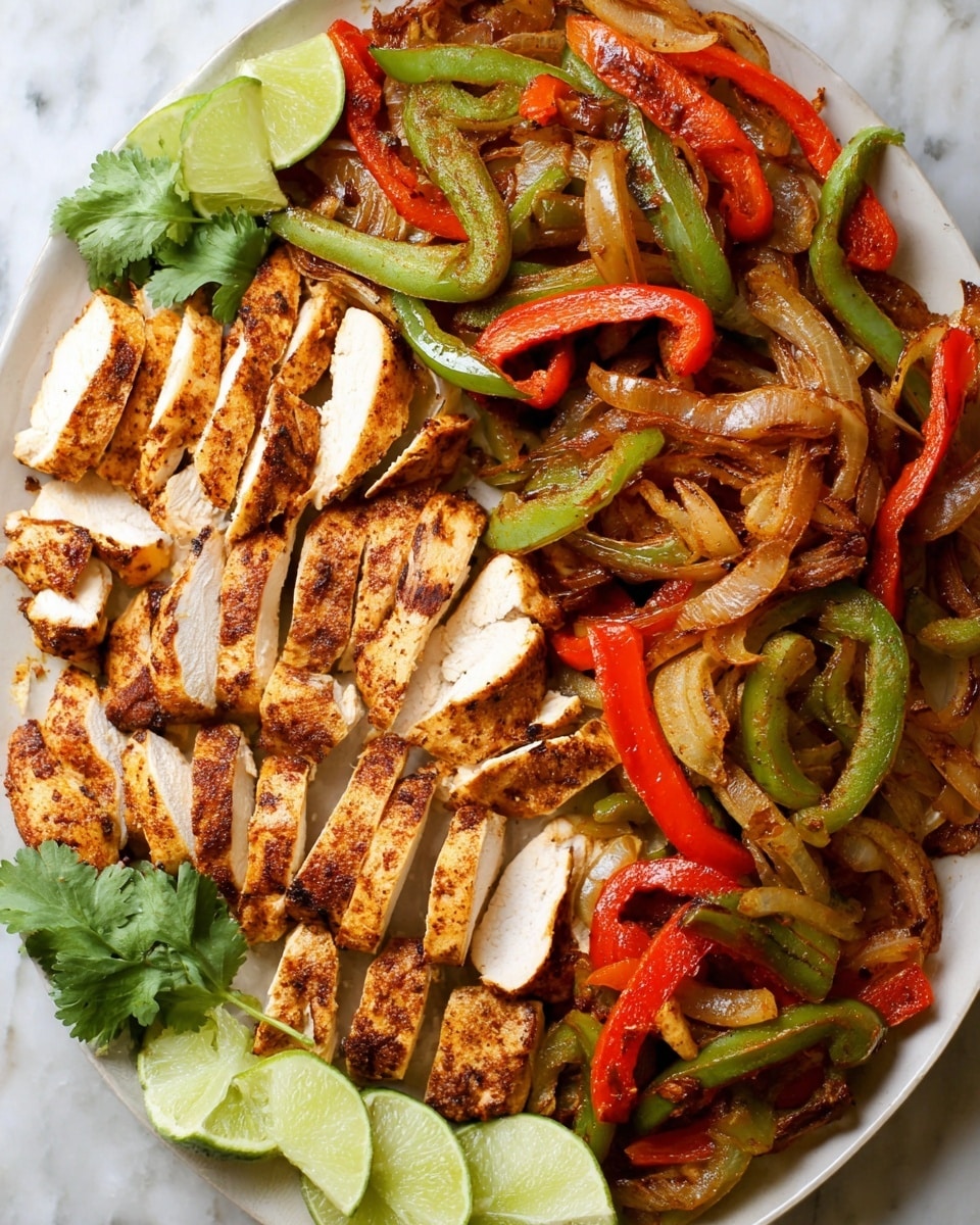 A white plate filled with two main layers: the bottom layer has juicy cooked chicken slices with a golden brown outside and white inside, arranged in a spread-out pattern mostly on the lower half of the plate; the top layer is a mix of cooked red and green bell pepper strips and light brown roasted onion slices piled together on the upper half of the plate. Around the edges, there are bright green lime wedges and a few fresh green cilantro leaves, all placed on a white marbled surface. photo taken with an iphone --ar 4:5 --v 7