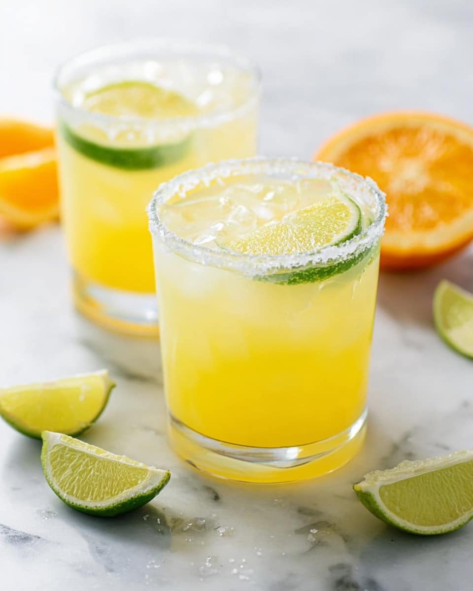 Two clear short glasses sit on a white marbled surface, each filled with a yellow drink. The front glass has a salted rim, ice cubes inside, and a slice of lime and lemon floating on top. The glass behind it, slightly blurred, also holds the yellow drink with a lime slice. Around the glasses are lime wedges and a half orange, adding green and orange accents to the scene. photo taken with an iphone --ar 4:5 --v 7