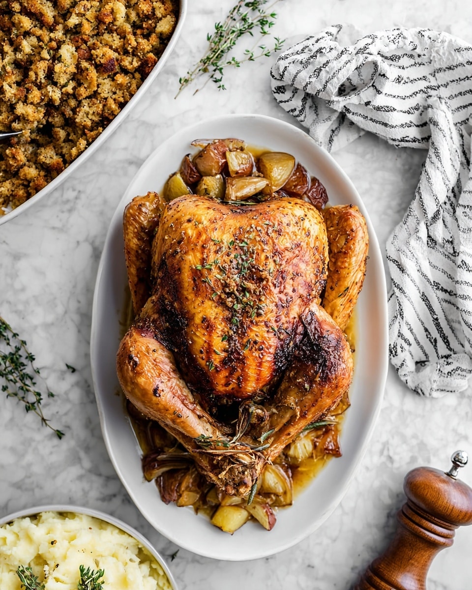 A white round plate holds three main layers: on the left side, five thick slices of roasted turkey with a golden brown, slightly crispy skin and tender white meat inside; in the middle, a scoop of creamy mashed potatoes with a smooth, fluffy texture topped with small green herb sprinkles and some black pepper; on the right side, a heap of seasoned stuffing with a crumbly texture, light brown color mixed with bits of green herbs and small orange pieces, giving it a rustic and textured look. The plate is set on a surface with white marbled texture. Photo taken with an iphone --ar 4:5 --v 7