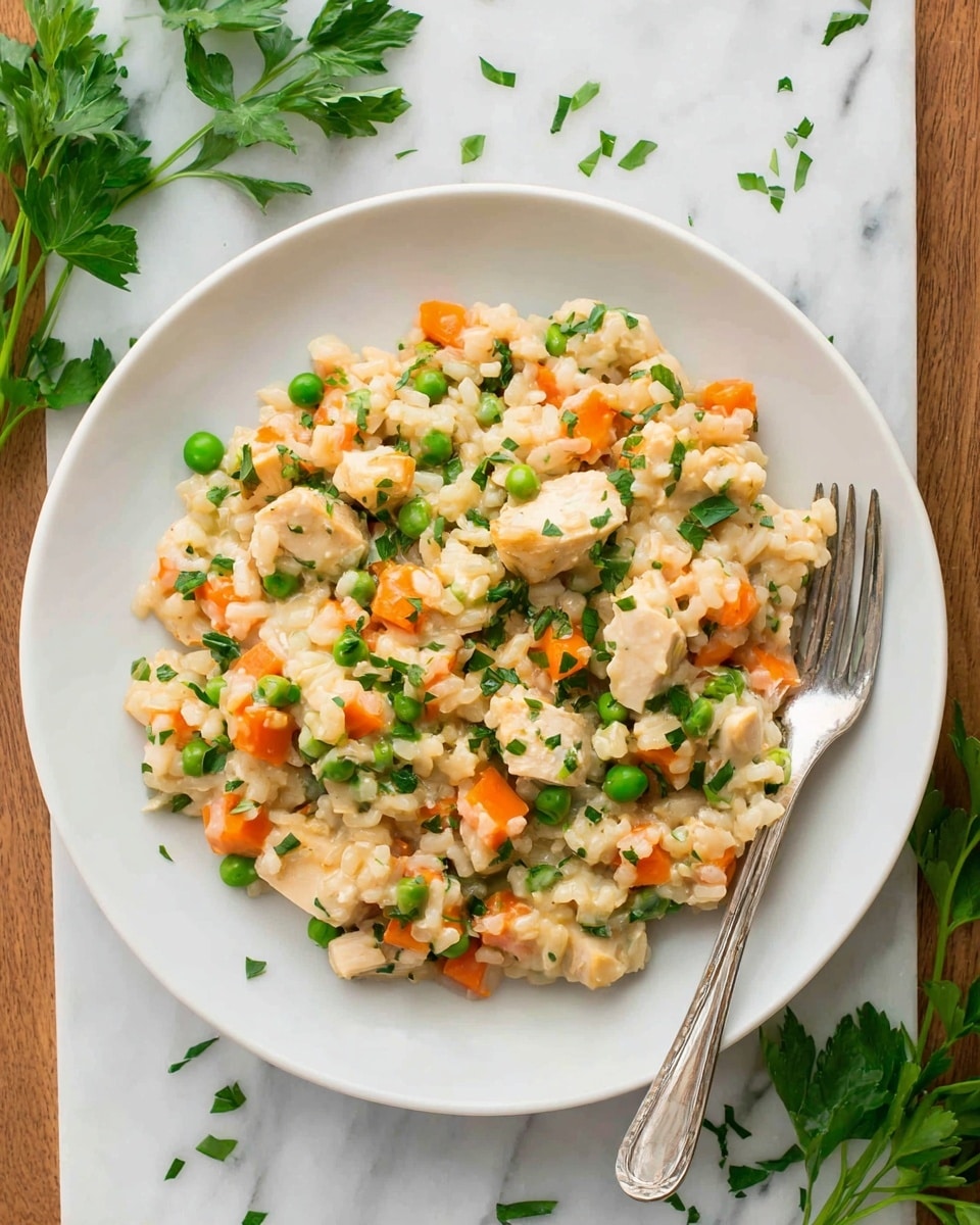 A white plate holds a serving of creamy rice mixed with small cubes of orange carrot, green peas, and chunks of white chicken, all coated in a light sauce. The dish is sprinkled with small pieces of fresh green herbs on top, adding a fresh touch. A silver fork is placed on the right side of the plate, and there are a few sprigs of fresh parsley on the white marbled surface around the plate. The whole scene looks bright and inviting. photo taken with an iphone --ar 4:5 --v 7