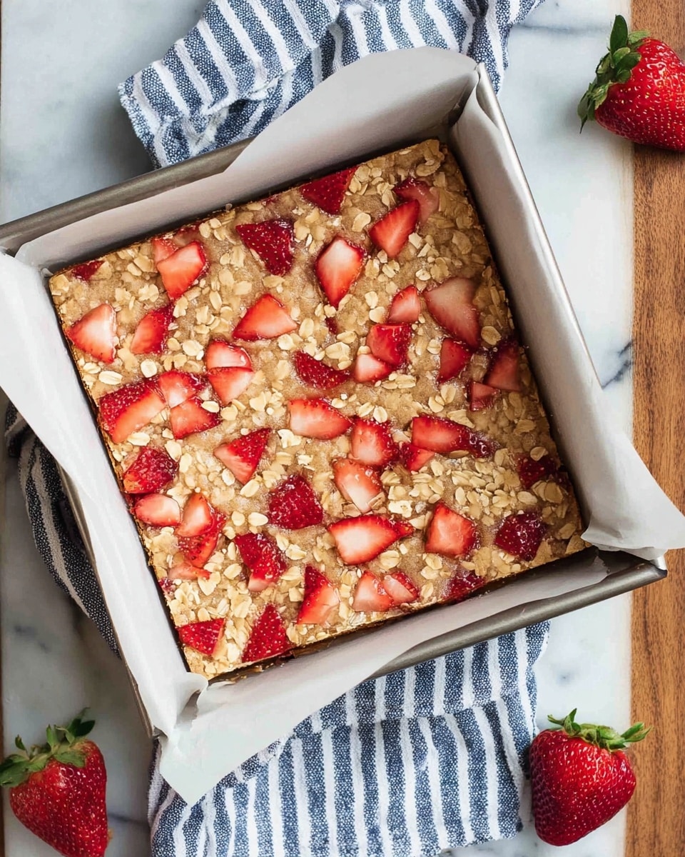 A square metal pan lined with white baking paper holds a layered oat bar. The base layer consists of a light tan oat mixture with visible flakes. On top, unevenly scattered fresh strawberry pieces add bright red and pink color spots. The pan sits on a white and blue striped cloth on a white marbled surface, with whole strawberries nearby. Photo taken with an iphone --ar 4:5 --v 7