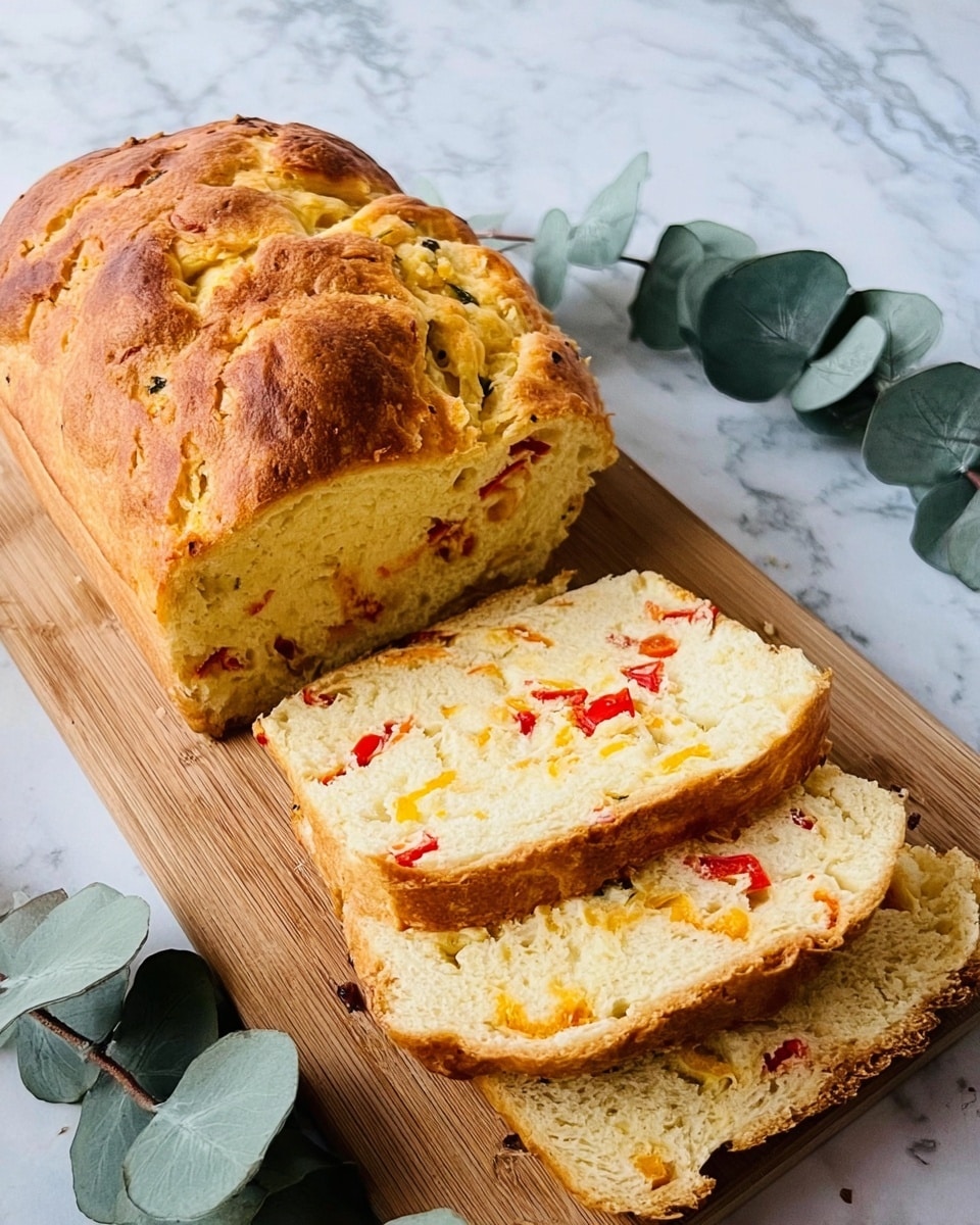 A loaf of bread with a golden brown crust sits on a wooden board, partially sliced to reveal the soft inside filled with small pieces of red and yellow, likely peppers. The bread texture looks light and fluffy with some cracks on the crust. Around the board, there are some green eucalyptus leaves placed for decoration. The background is a white marbled surface. photo taken with an iphone --ar 4:5 --v 7