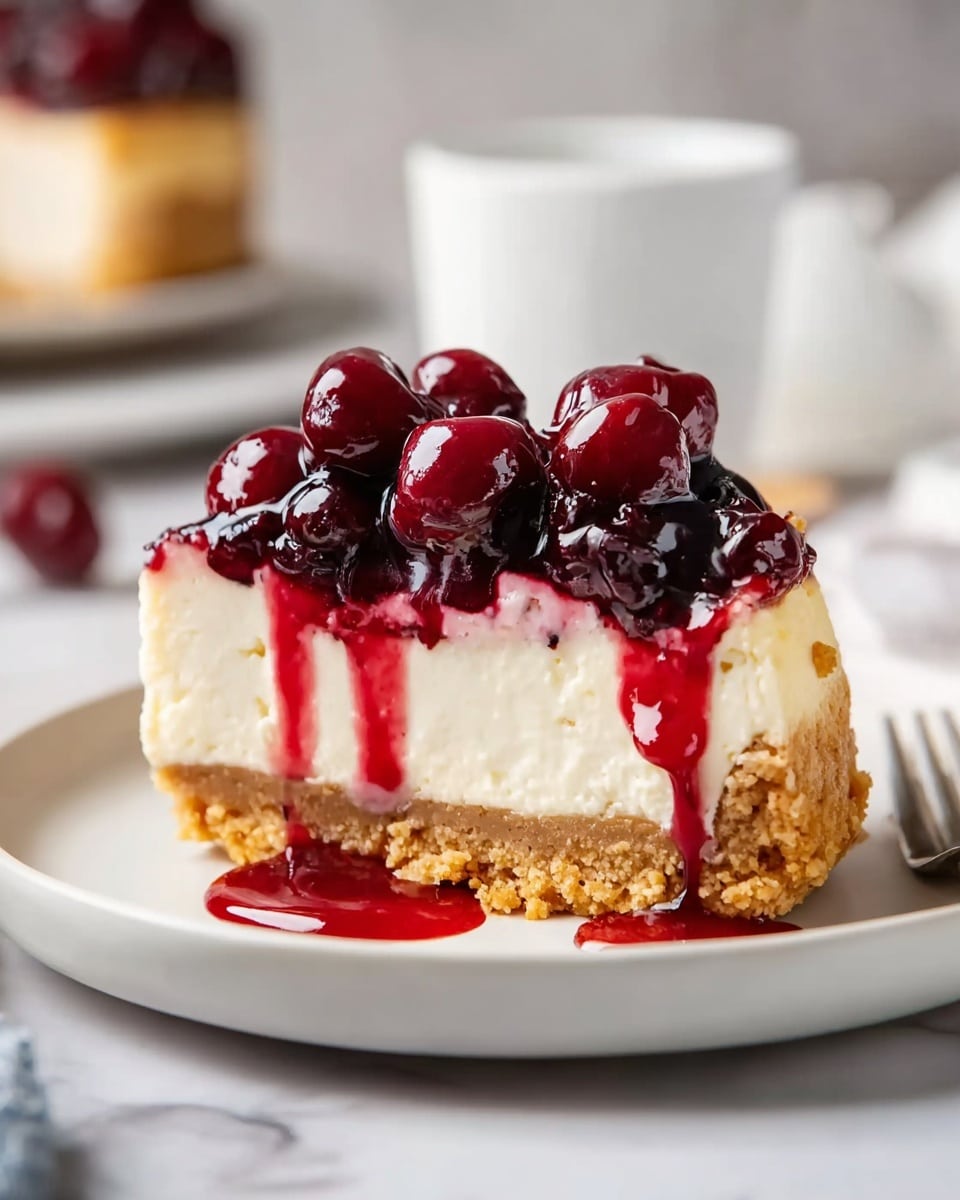 The image shows a cheesecake with three clear layers on a white marbled surface. The bottom layer is a crumbly golden brown crust, the middle layer is a thick, smooth, light cream cheesecake, and the top layer is a shiny, deep red cherry topping with whole cherries covered in a glossy syrup. A slice is missing, revealing the inside layers and some crumbs scattered on the surface, with some syrup dripping slightly down the side. photo taken with an iphone --ar 4:5 --v 7